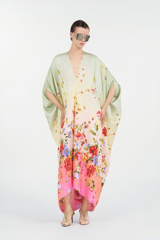 RC Kaftano in Seta con Stampa Miami Flowers GREEN/FUCHSIA WQT182-OZR32