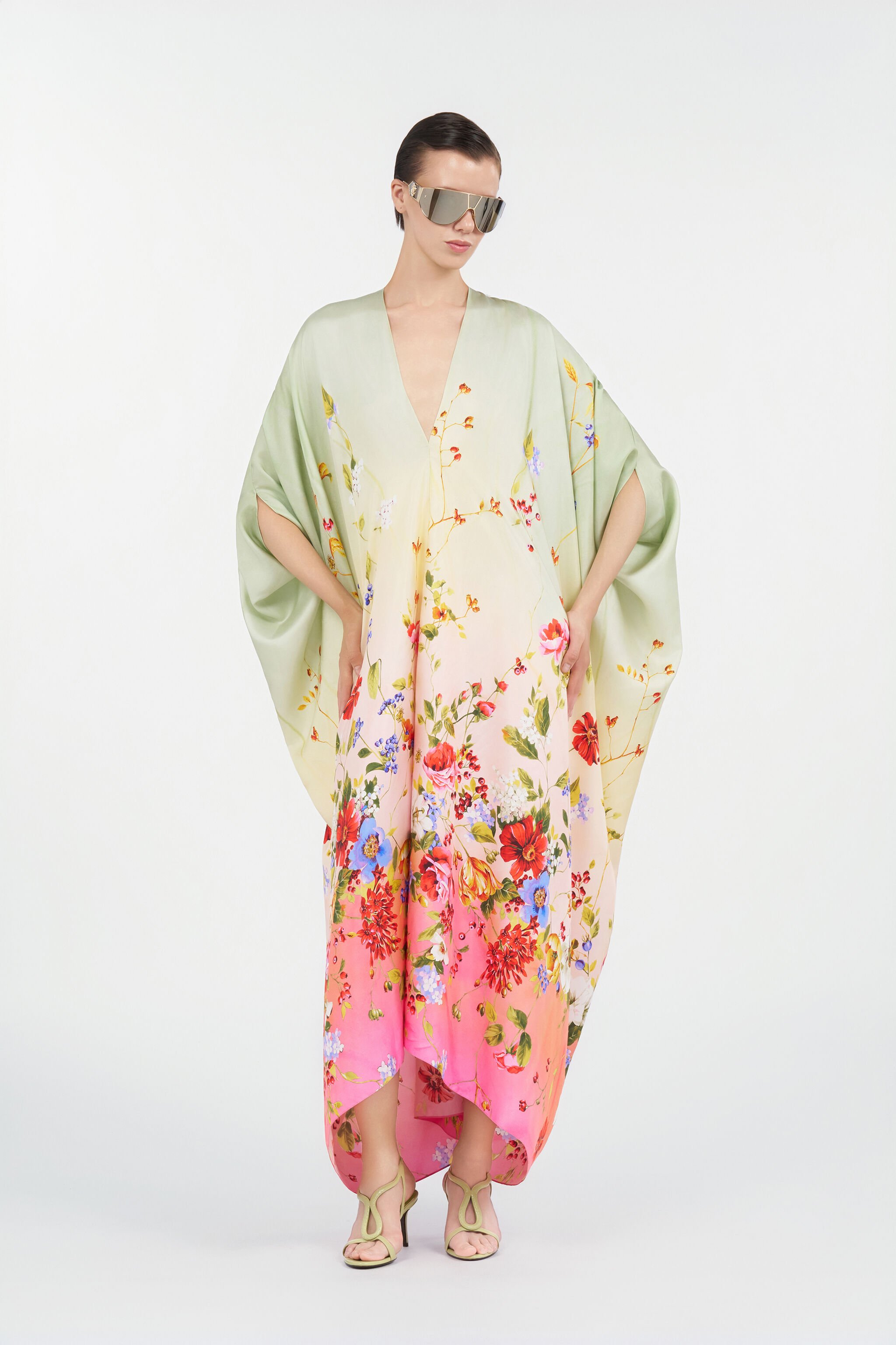 RC Kaftano in Seta con Stampa Miami Flowers GREEN/FUCHSIA WQT182-OZR32