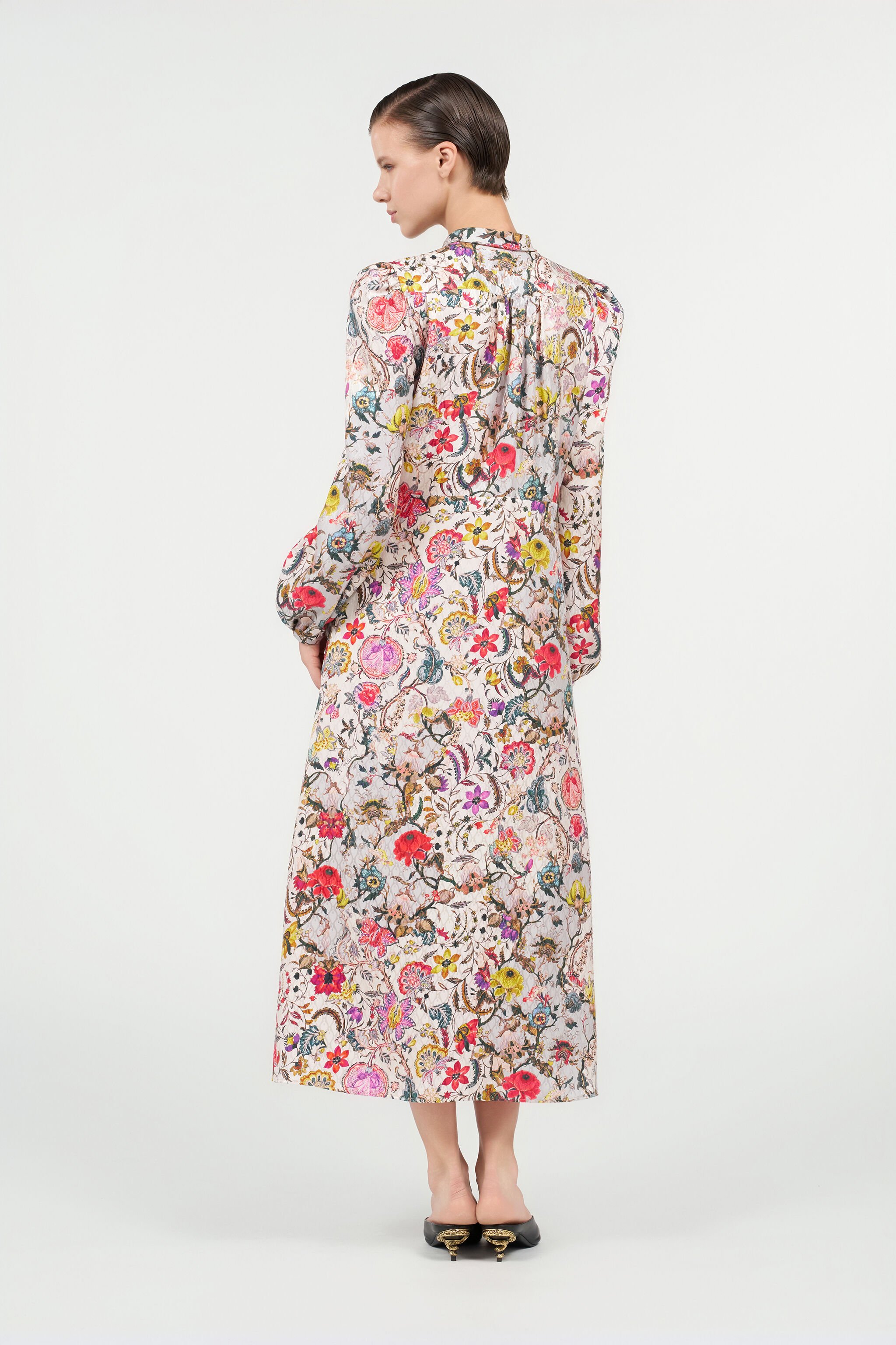 RC Long Silk Dress with Florentine Flowers Print BEIGE WQT112-RYR29