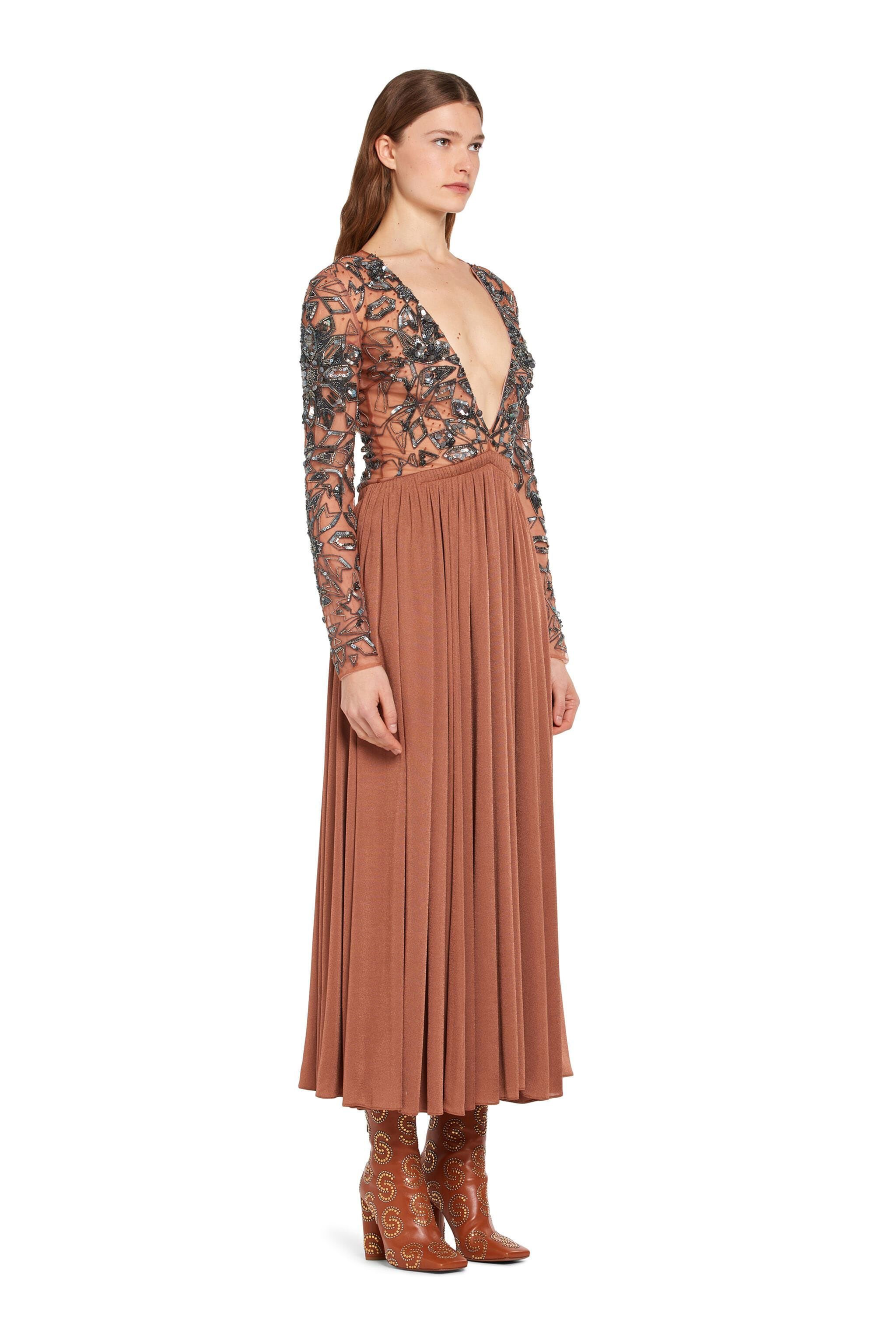 RC Kleid mit V-Ausschnitt und Pailletten Braun IWR122-RT033
