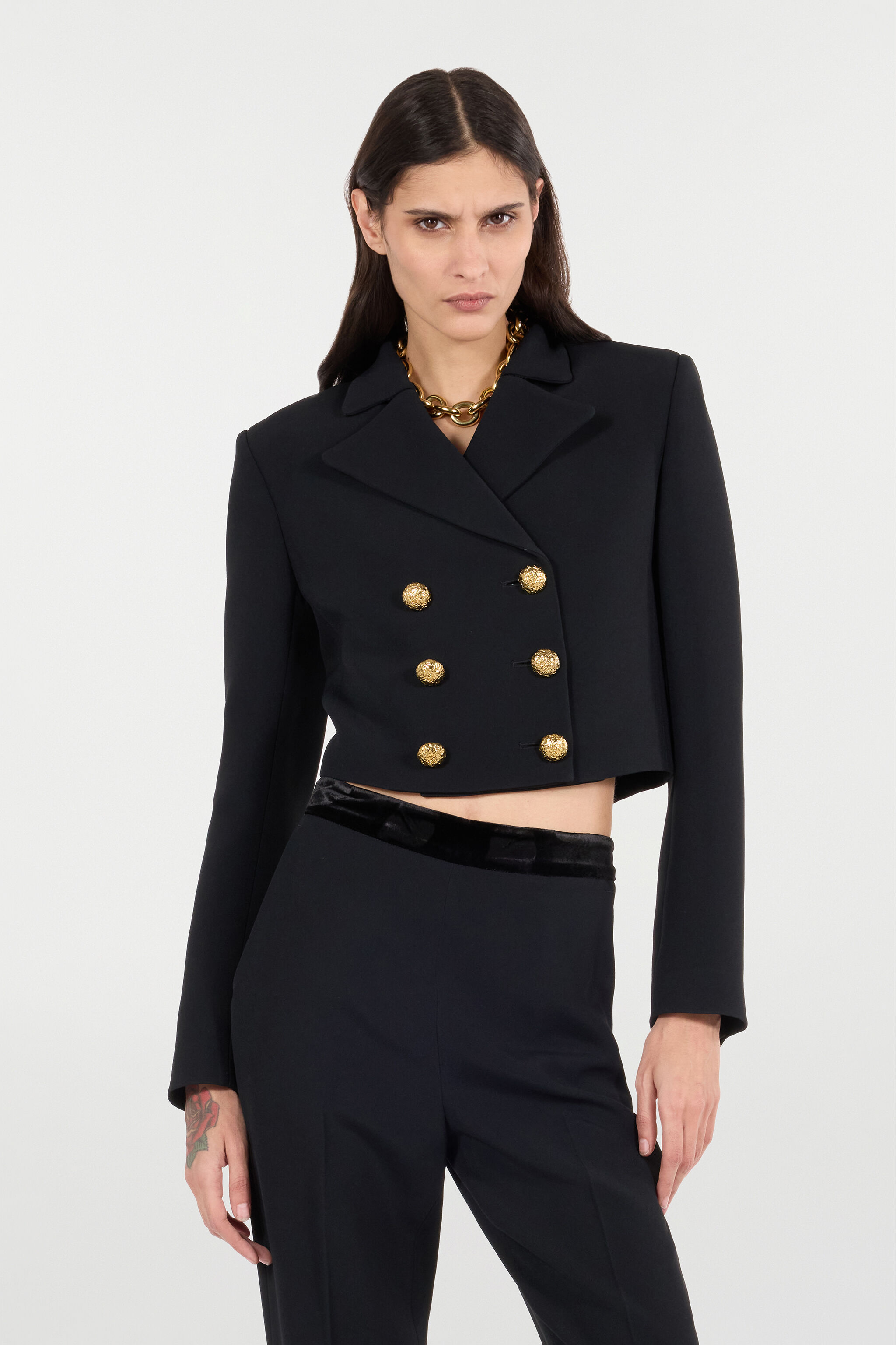 RC Cropped Double-Breasted Jacket Negro VQT403-KU013