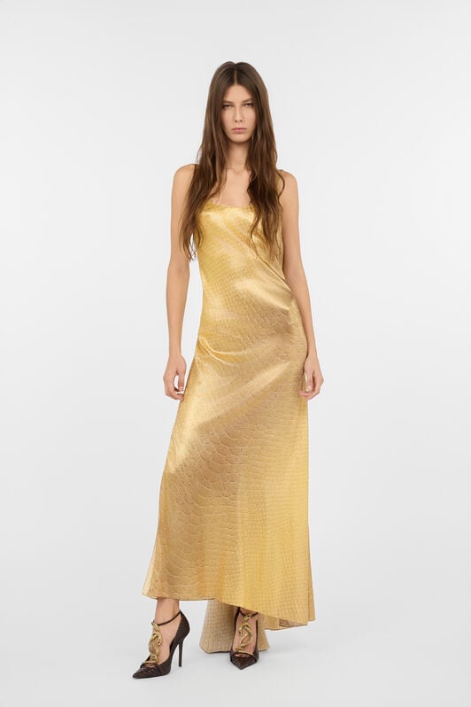 RC Abito Lungo Dorato In Seta Con Stampa Squame GOLD/GOLD WWT125-SNS31