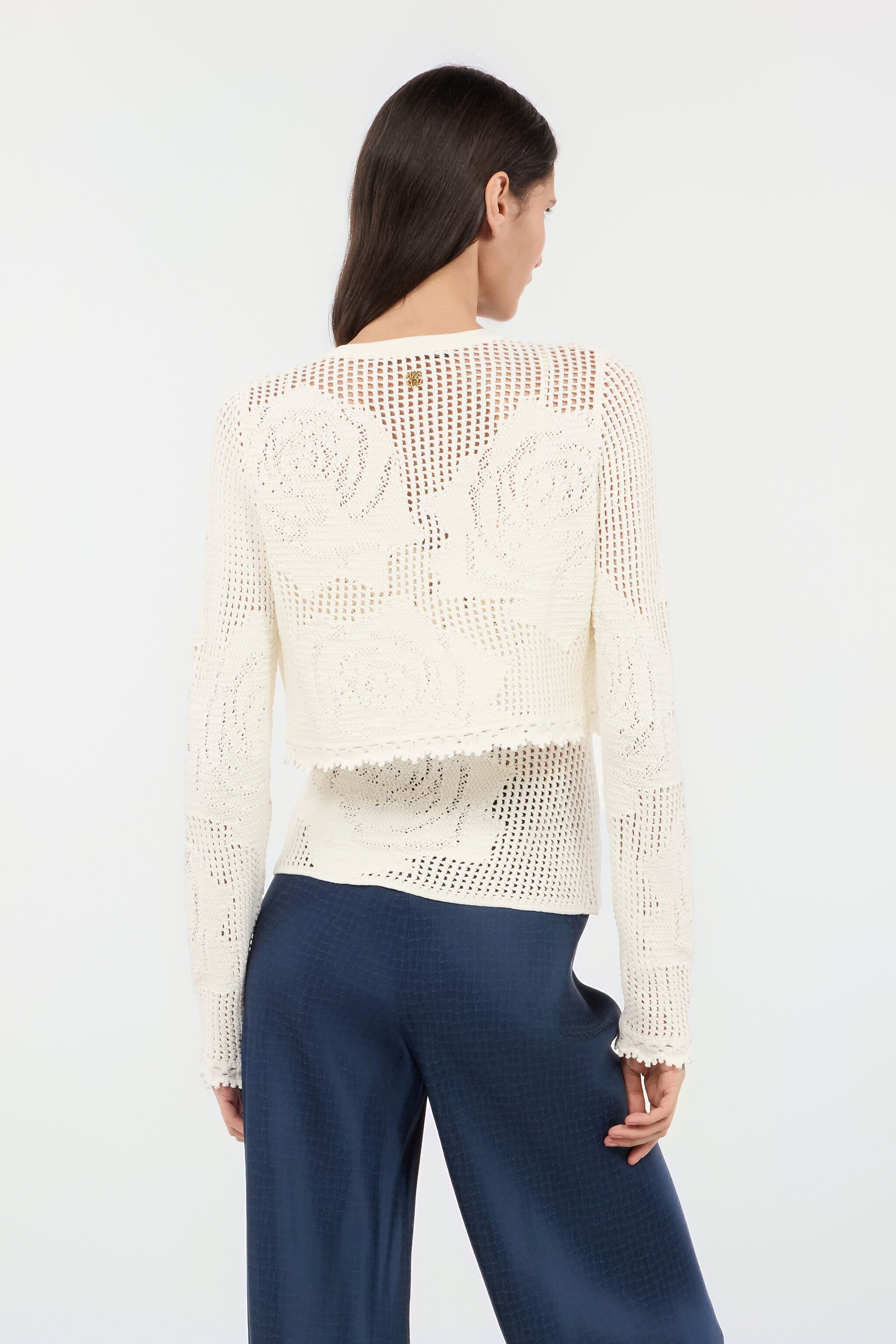 RC Durchbrochener Cropped Cardigan Mit Rosen Elfenbein UKM903-MI001