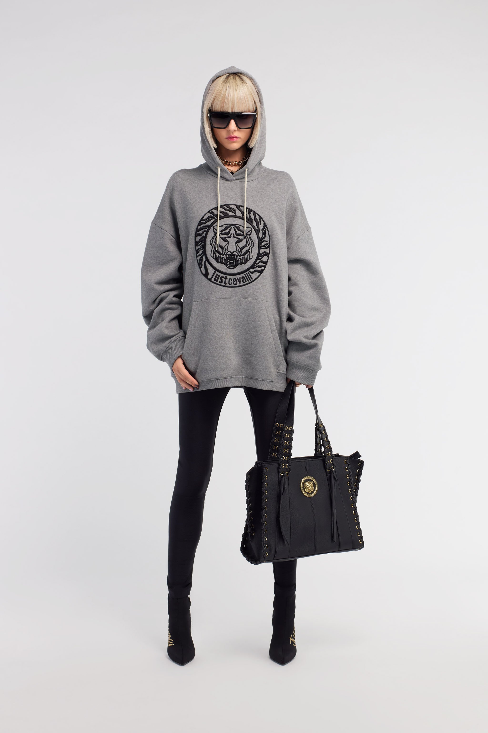 JC Just Cavalli Tiger Logo Front-Pocket Sweatshirt Gris RRT973-RR235
