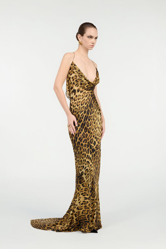 RC Long Silk Dress with Jaguar Skin Print Marron VWT103-HZQ71