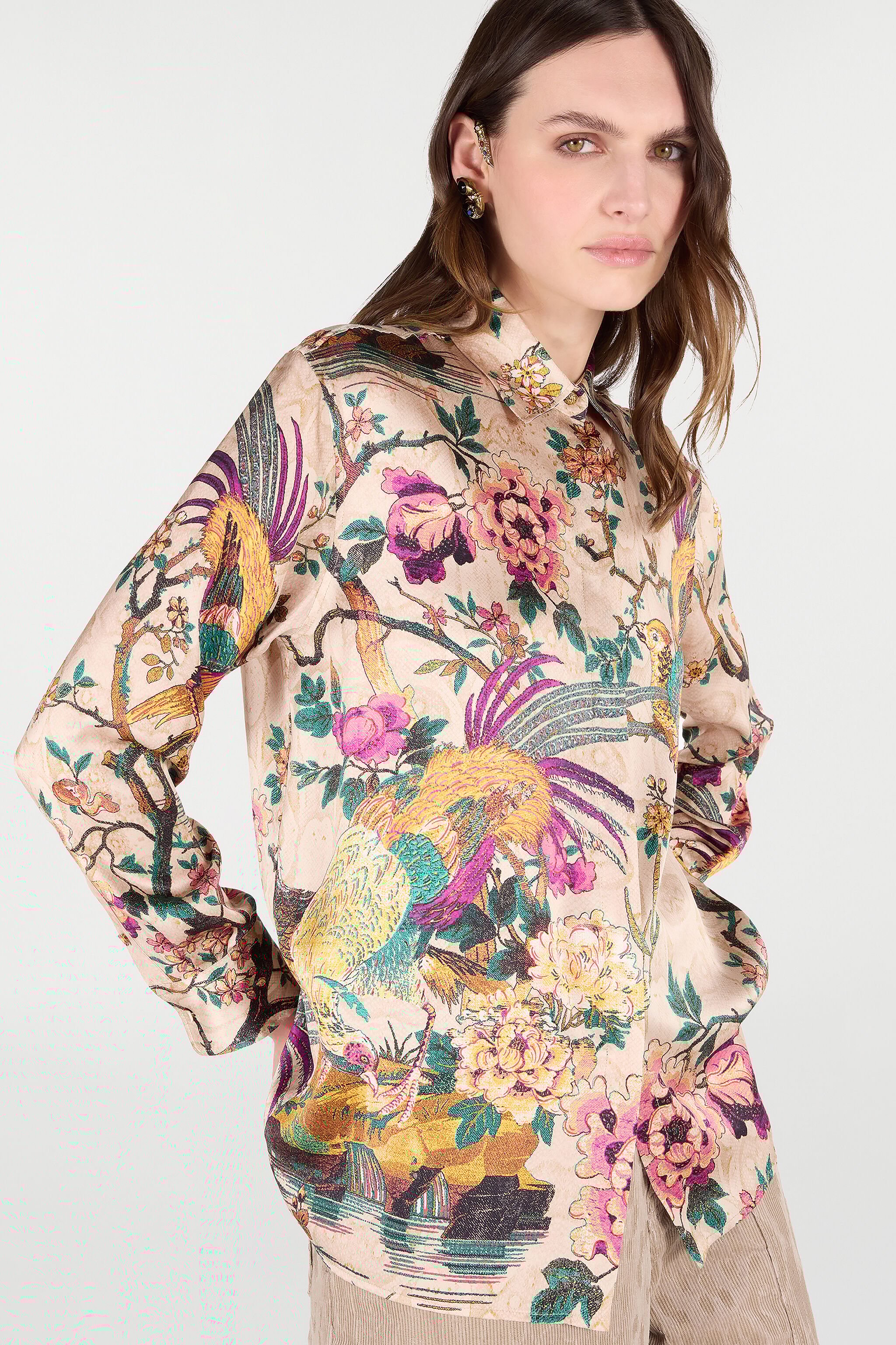 RC Silk Shirt with Floral and Pheasant Print Ivoire/Rose VKT704-TYP76