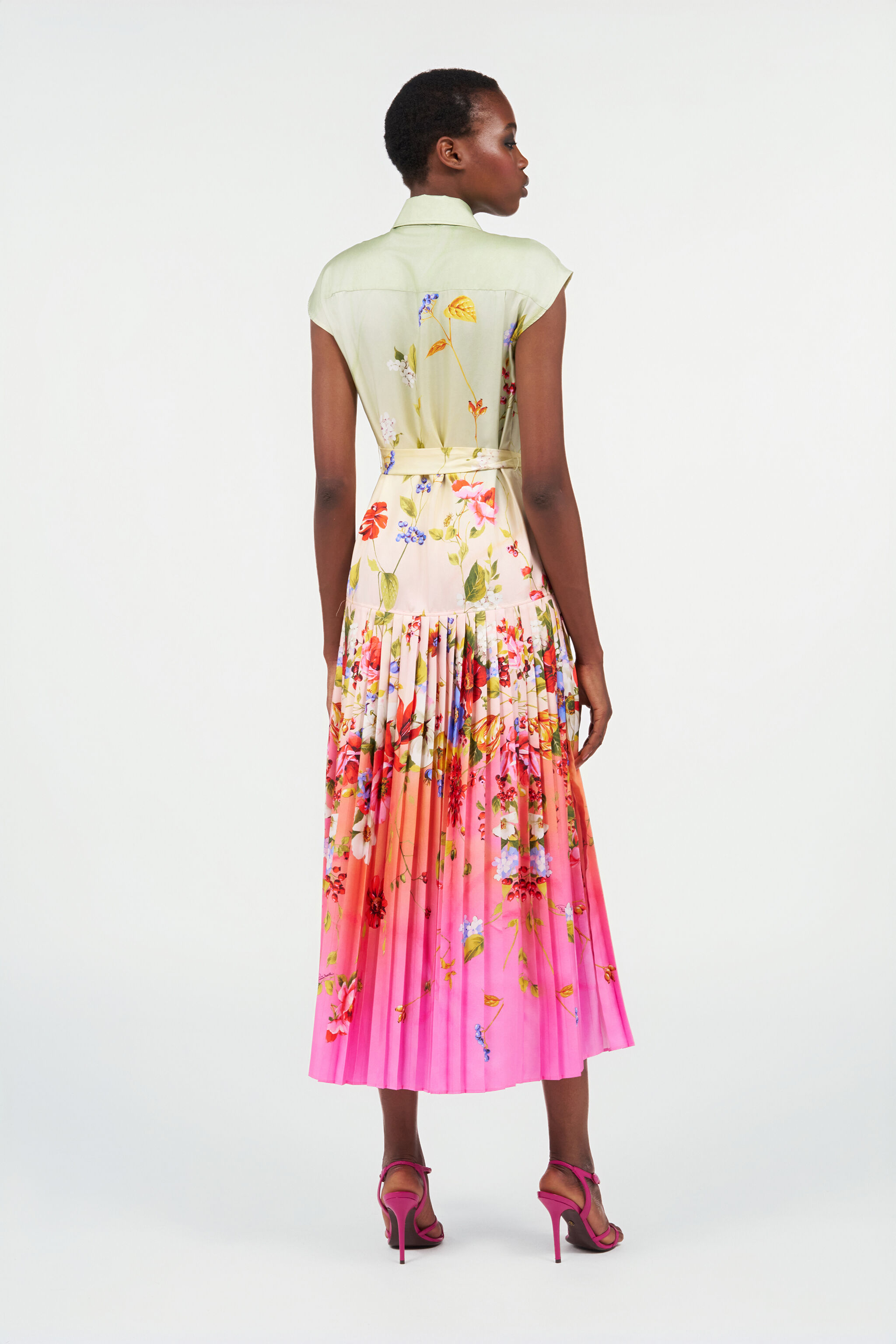 Long Silk Dress with Miami Flowers Print in GREEN/FUCHSIA for