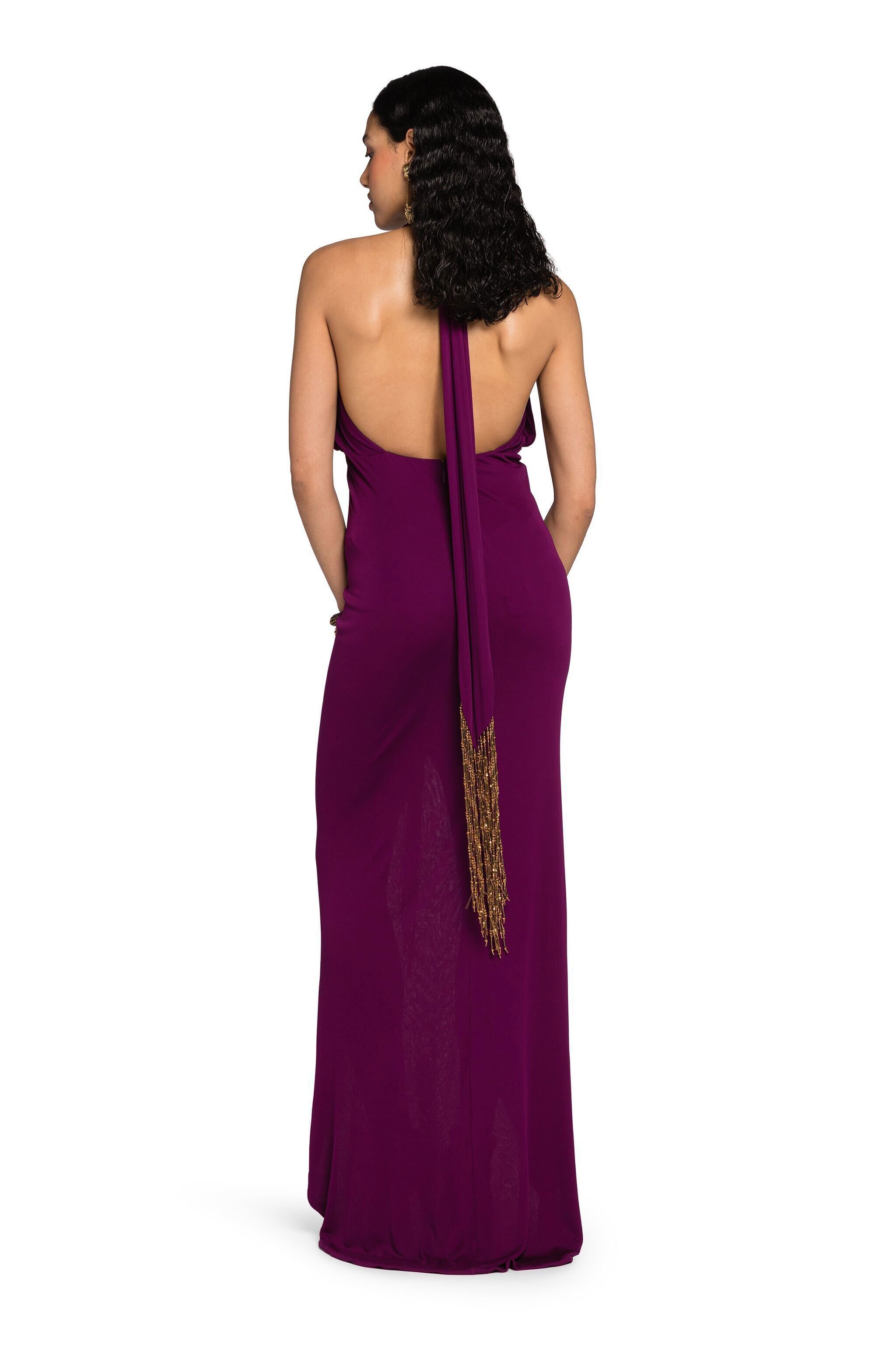 RC Beaded Tassel-Embellished Gathered Dress Purple LQR129-JJ035