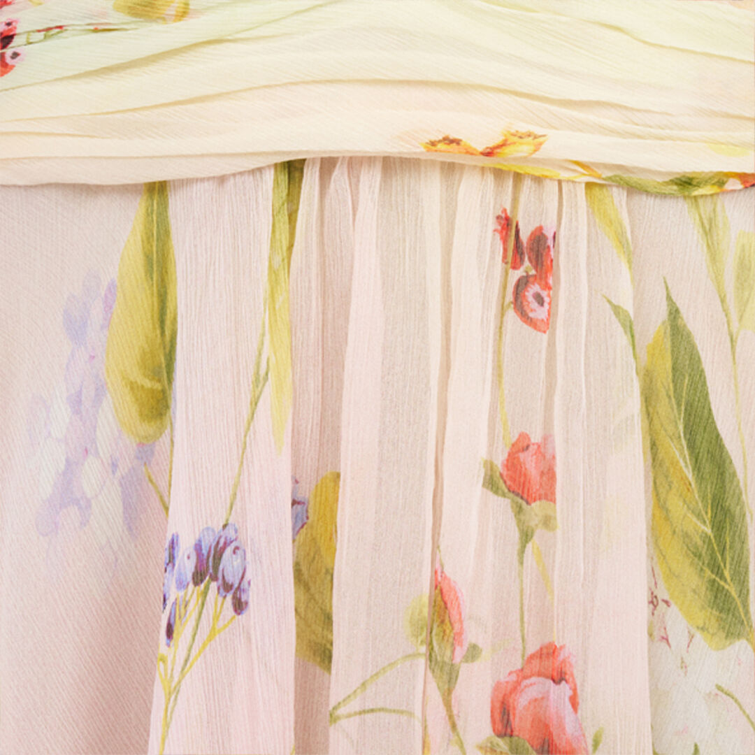 Chiffon Mini Dress with Miami Flowers Print in GREEN/FUCHSIA for