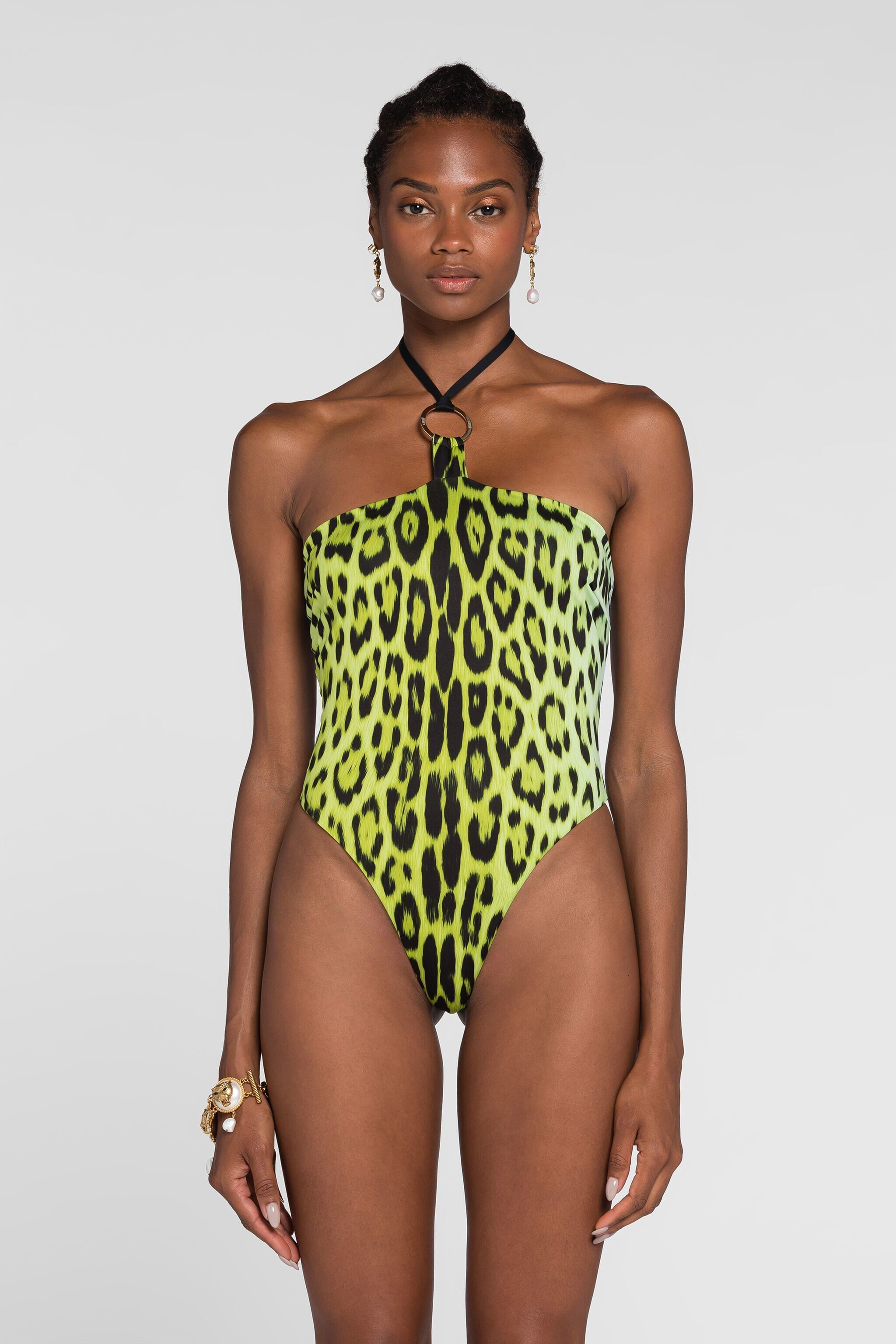 RC Jaguar-Print Halterneck Swimsuit Light green QKW00K-LNF53