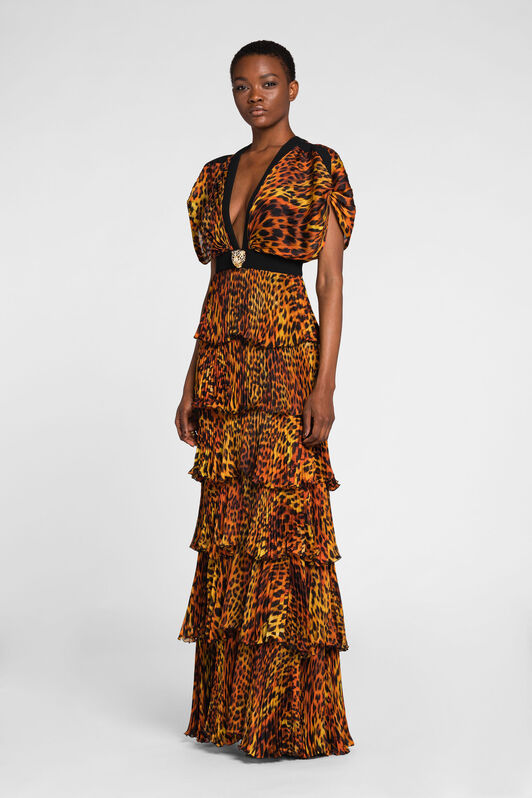 RC Maxikleid aus Seide mit Jaguar-Print und Plissee Orange OQT120-CTD02