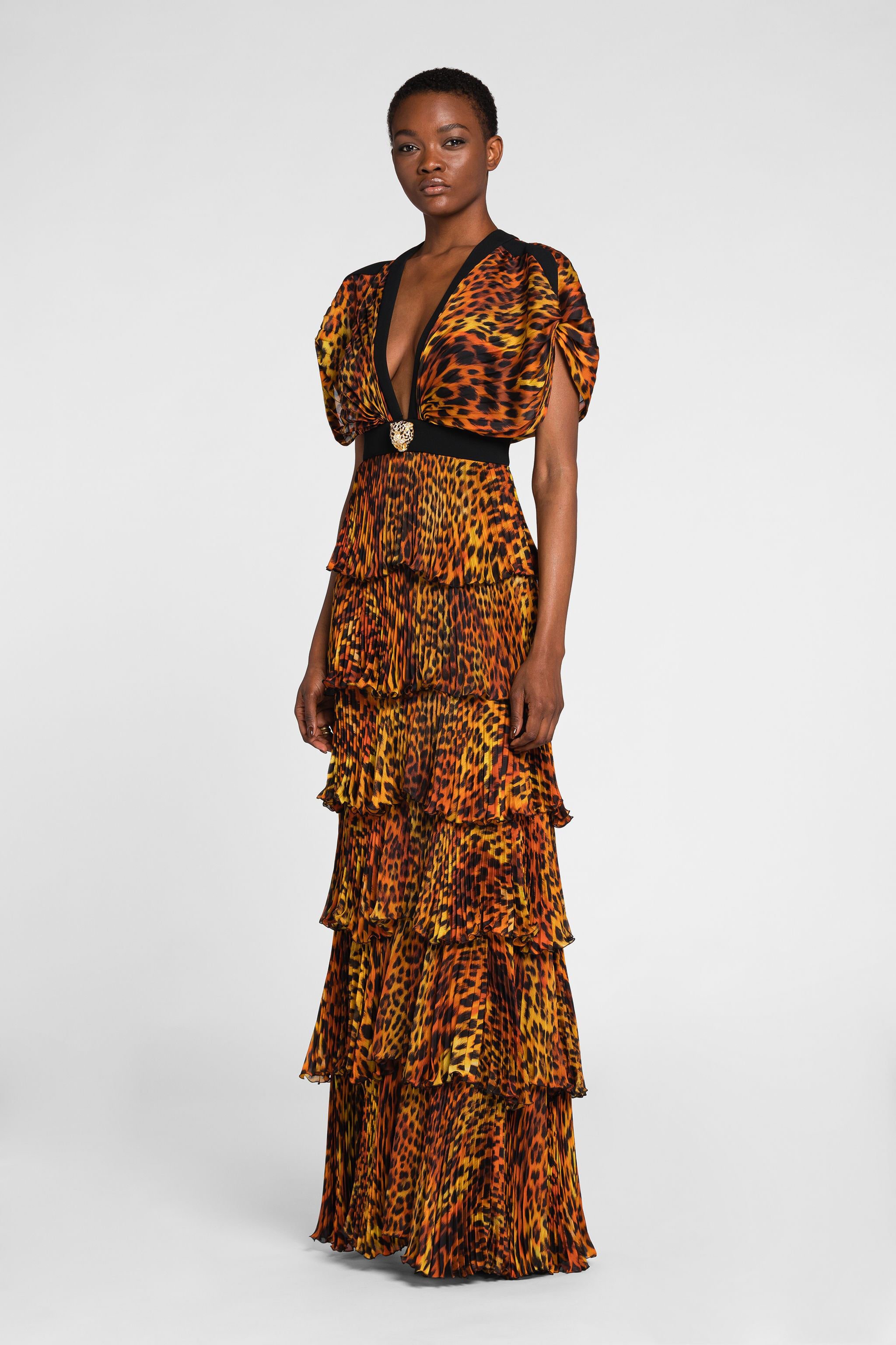 RC Maxikleid aus Seide mit Jaguar-Print und Plissee Orange OQT120-CTD02