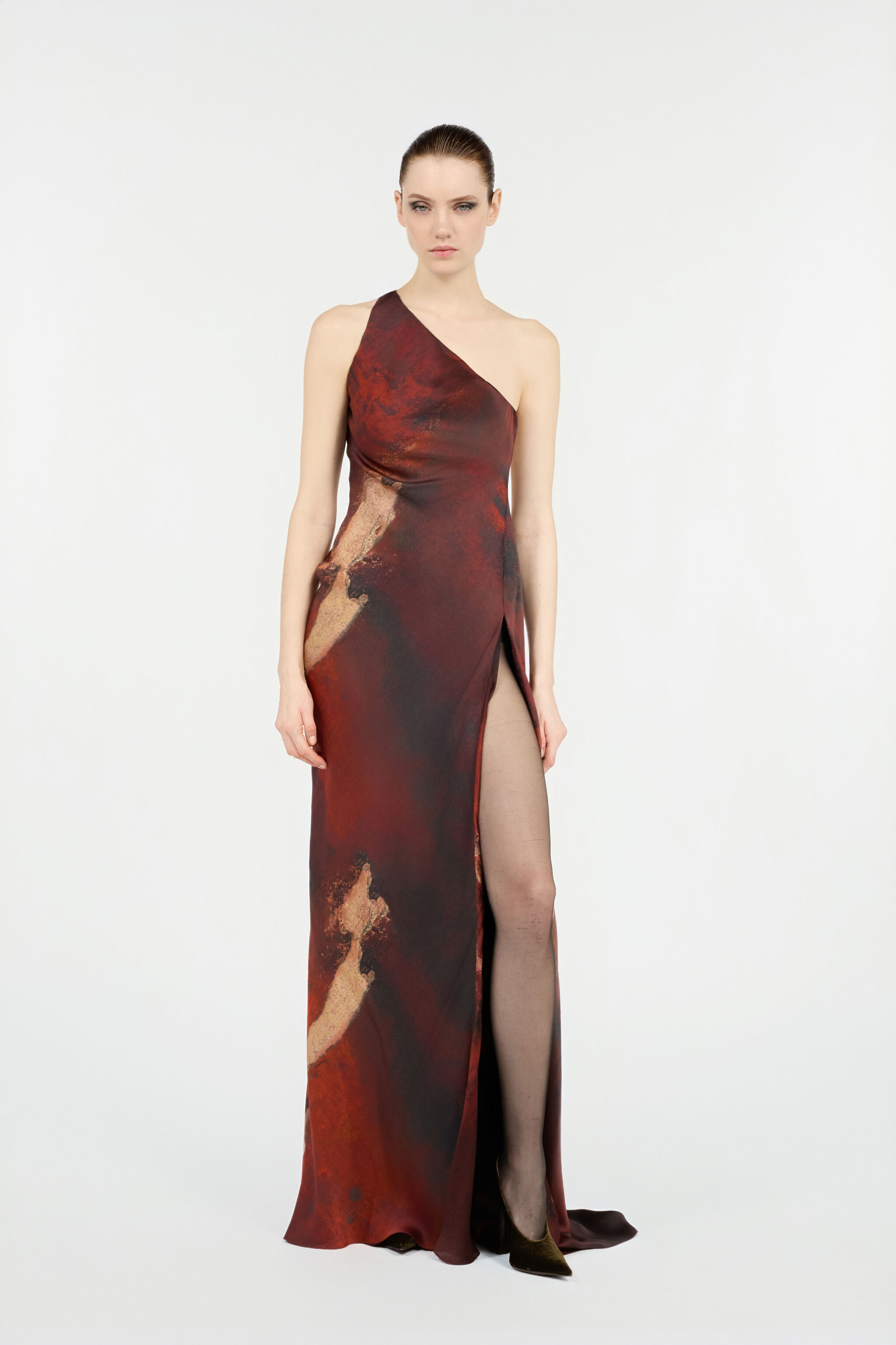 RC Long Red Silk Dress With Marble Print Red VWT101-OZQ74