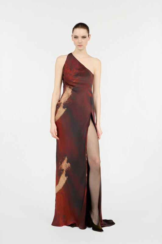 RC Long Red Silk Dress With Marble Print RC Long Red Silk Dress With Marble Print Red VWT101-OZQ74