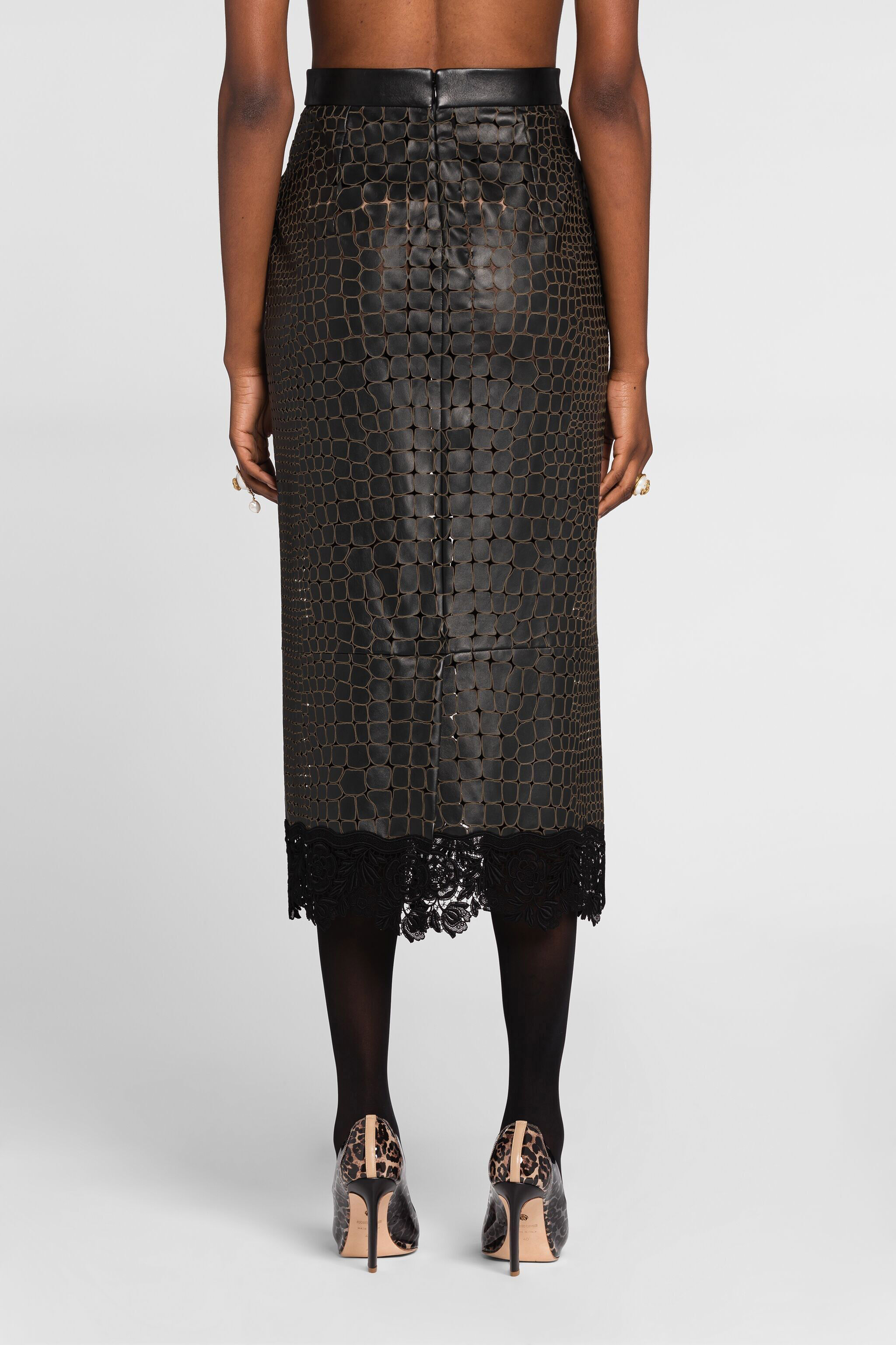 Jupe crayon en cuir ajoure bordee de dentelle en Noir pour femme Roberto Cavalli