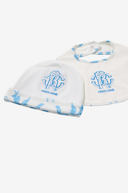 JU Hat, Bib And Romper Suit Set With RC Monogram And Print Light blue UJT811-JD001
