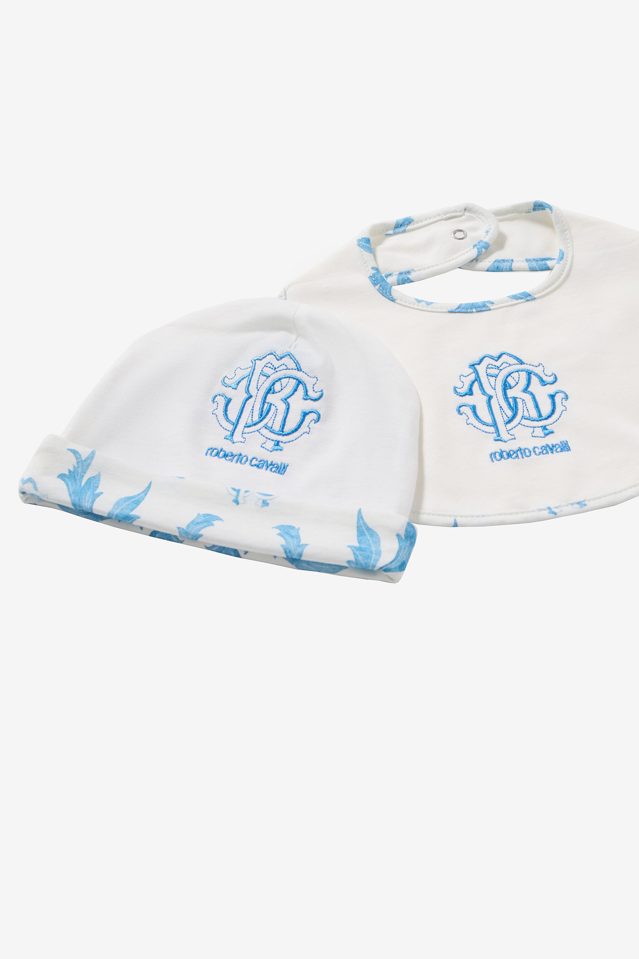 JU Hat, Bib And Romper Suit Set With RC Monogram And Print Light blue UJT811-JD001