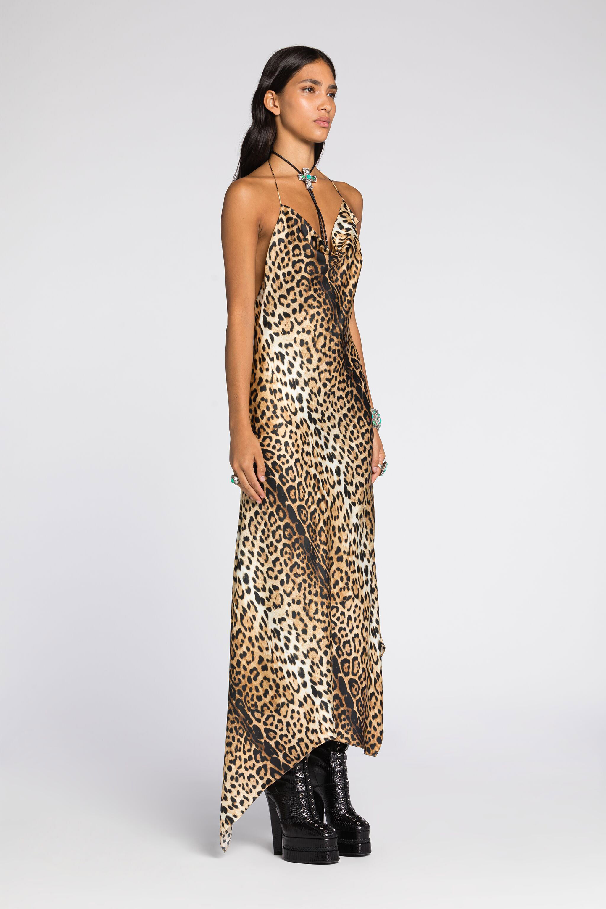 RC Jaguar-Print Halterneck Silk Dress Light Brown RKT133-4QH26