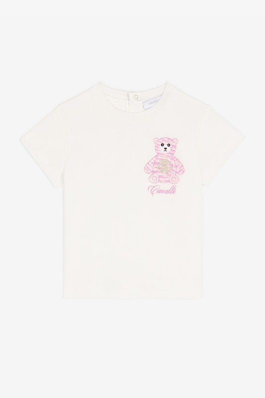 JU Teddy Bear-Embroidered Cotton T-Shirt White RJT606-JD001