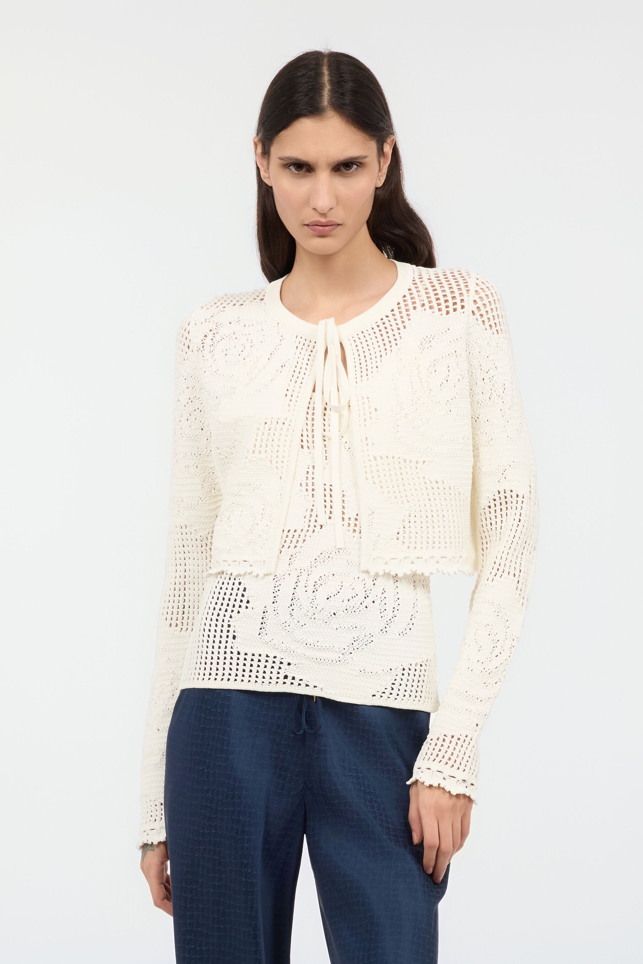 RC Durchbrochener Cropped Cardigan Mit Rosen Elfenbein UKM903-MI001