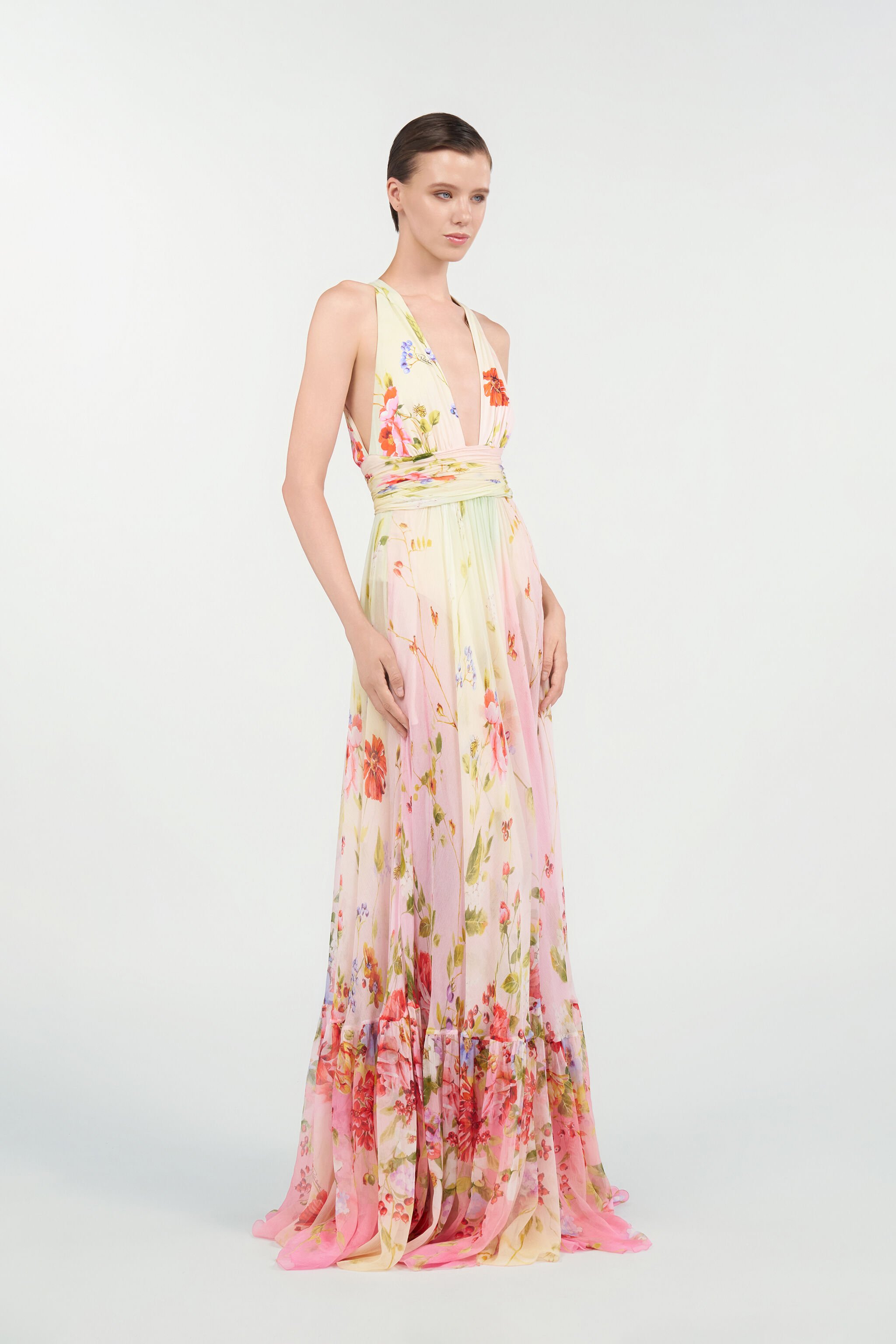 RC Long Chiffon Dress with Miami Flowers Print MULTICOLOR WQT175-CKR32
