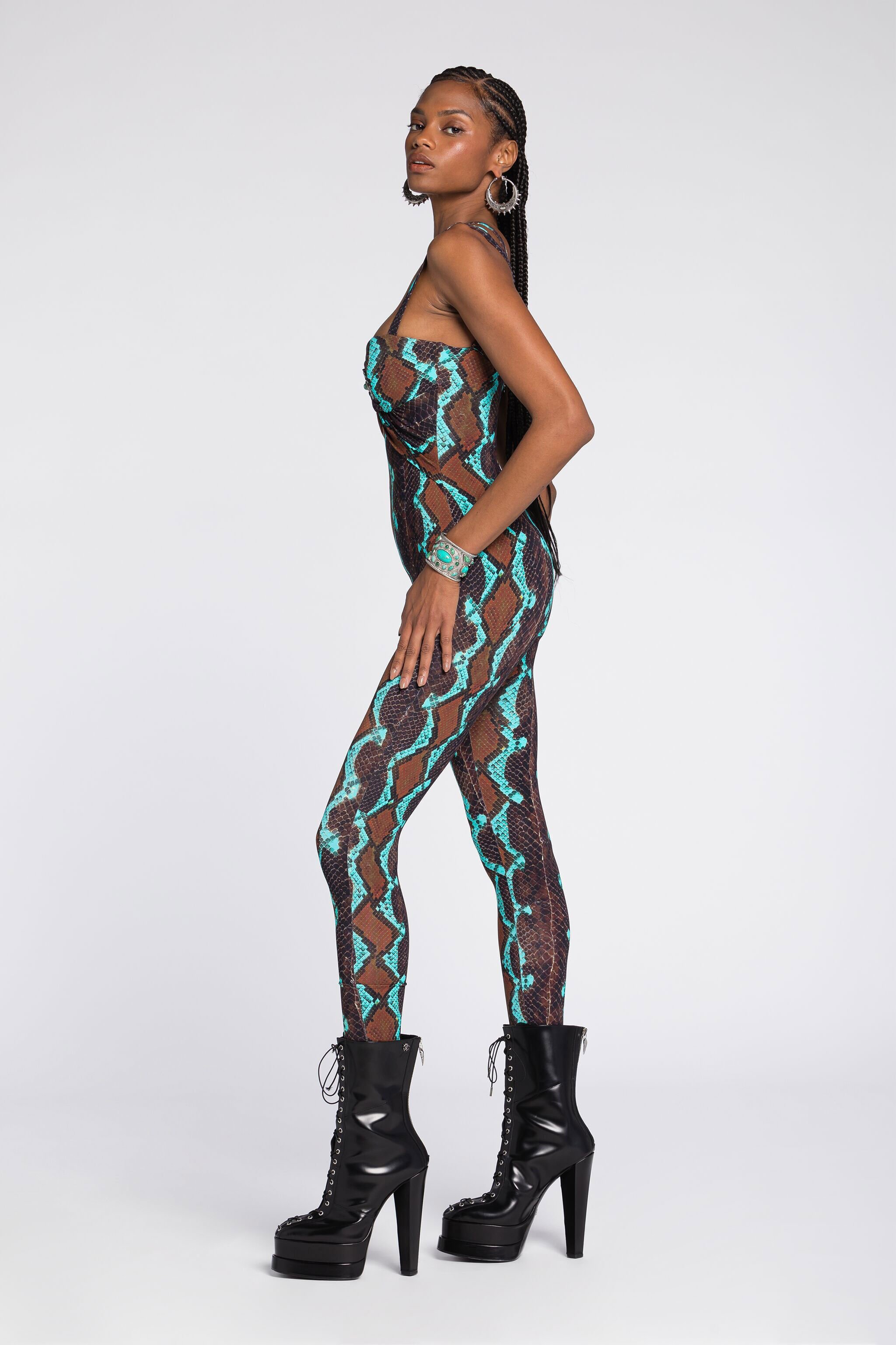 RC Snakeskin-Print Jumpsuit Dark brown/Light blue RKT163-LNH22