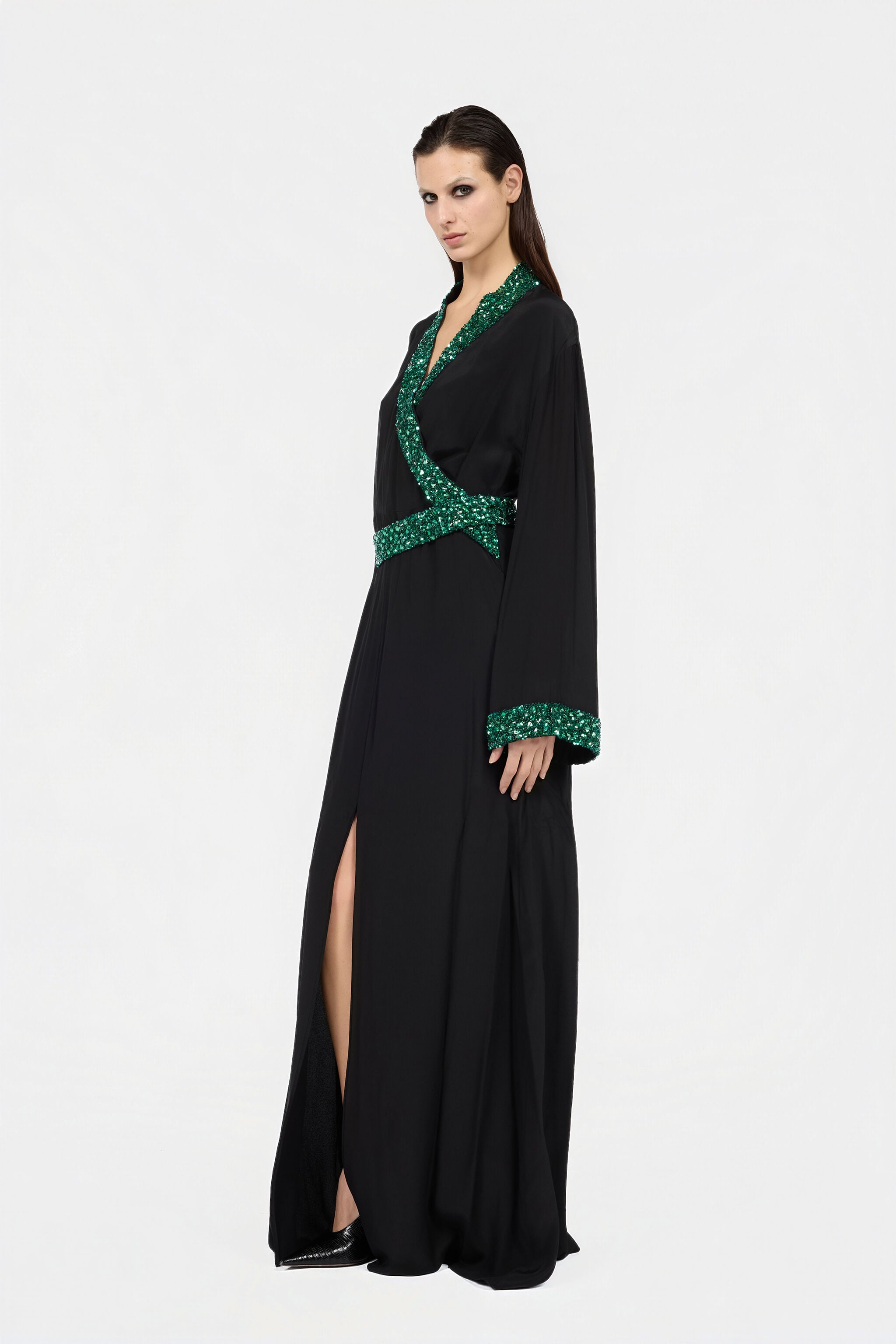RC Seiden-Maxikleid mit verziertem Detail NERO/VERDE VWR197-SY001