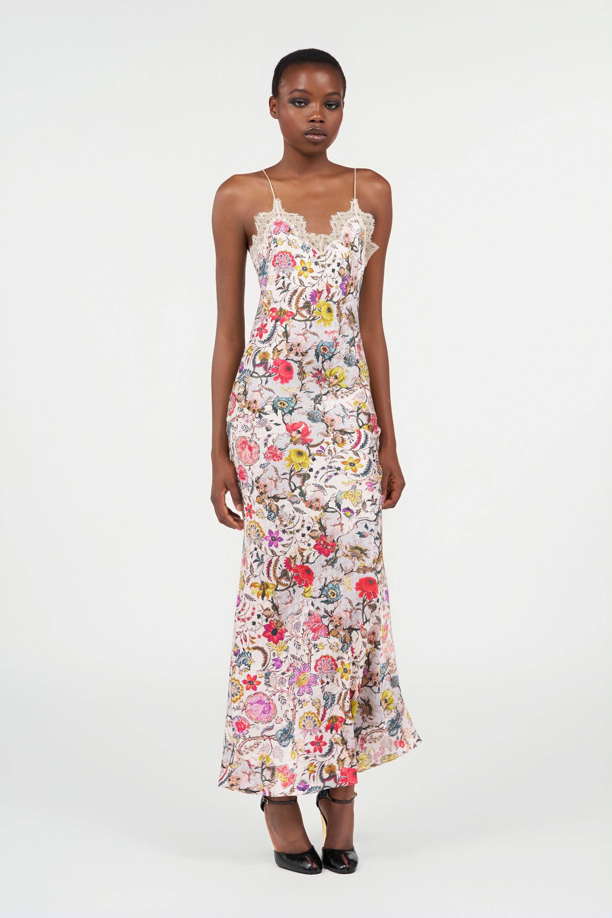 RC Long Silk Dress with Florentine Flowers Print BEIGE WQT110-RYR29