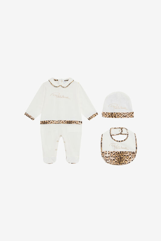 JU Milk White Hat, Bib, and Romper Set with Jaguar Skin MILKY WHITE VJT810-JD001