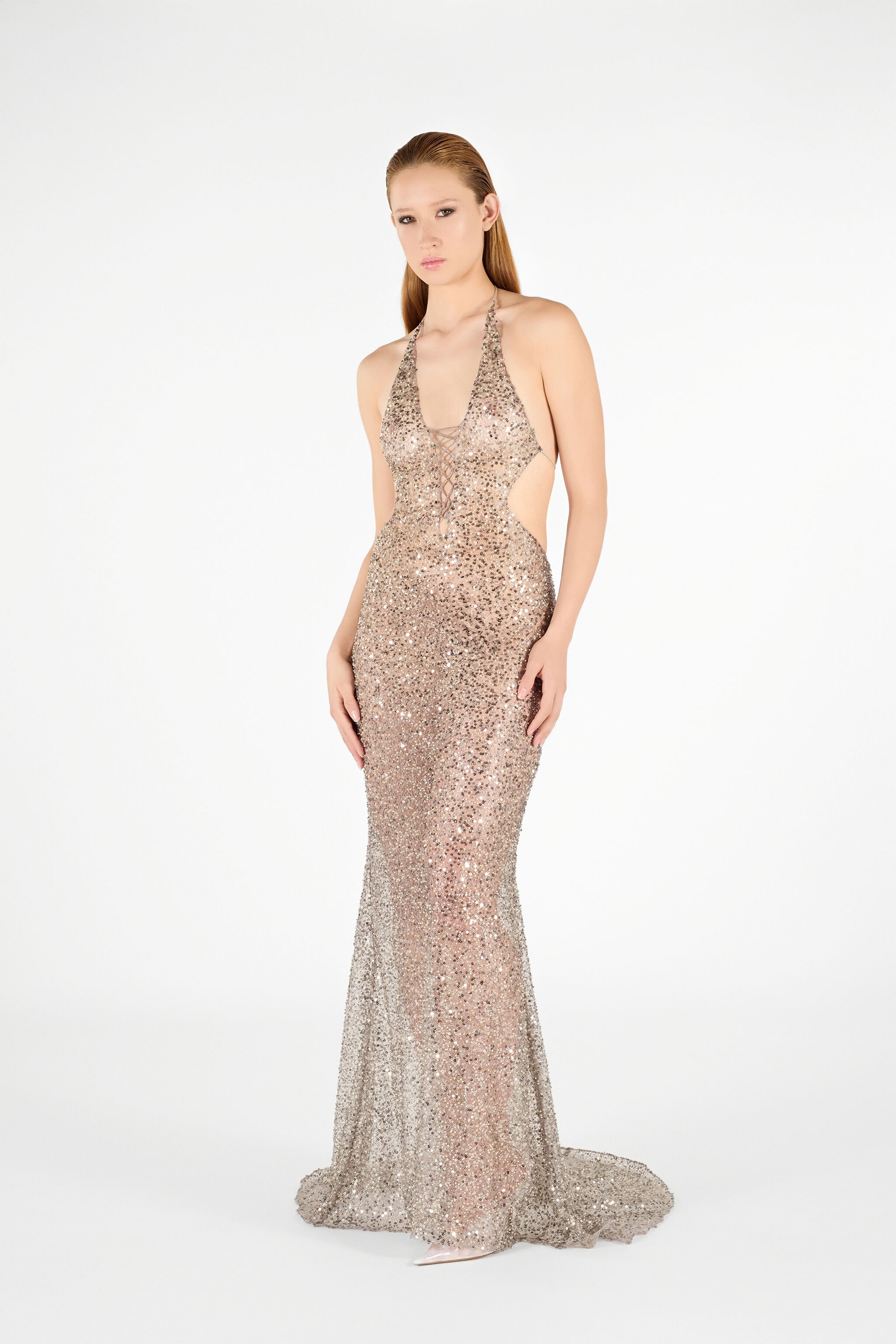 RC Robe Longue à Paillettes et Col Halter Argent UWR146-FY038