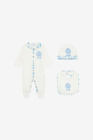 ${brand} Hat, Bib And Romper Suit Set With RC Monogram And Print ${colorDescription} ${masterID}