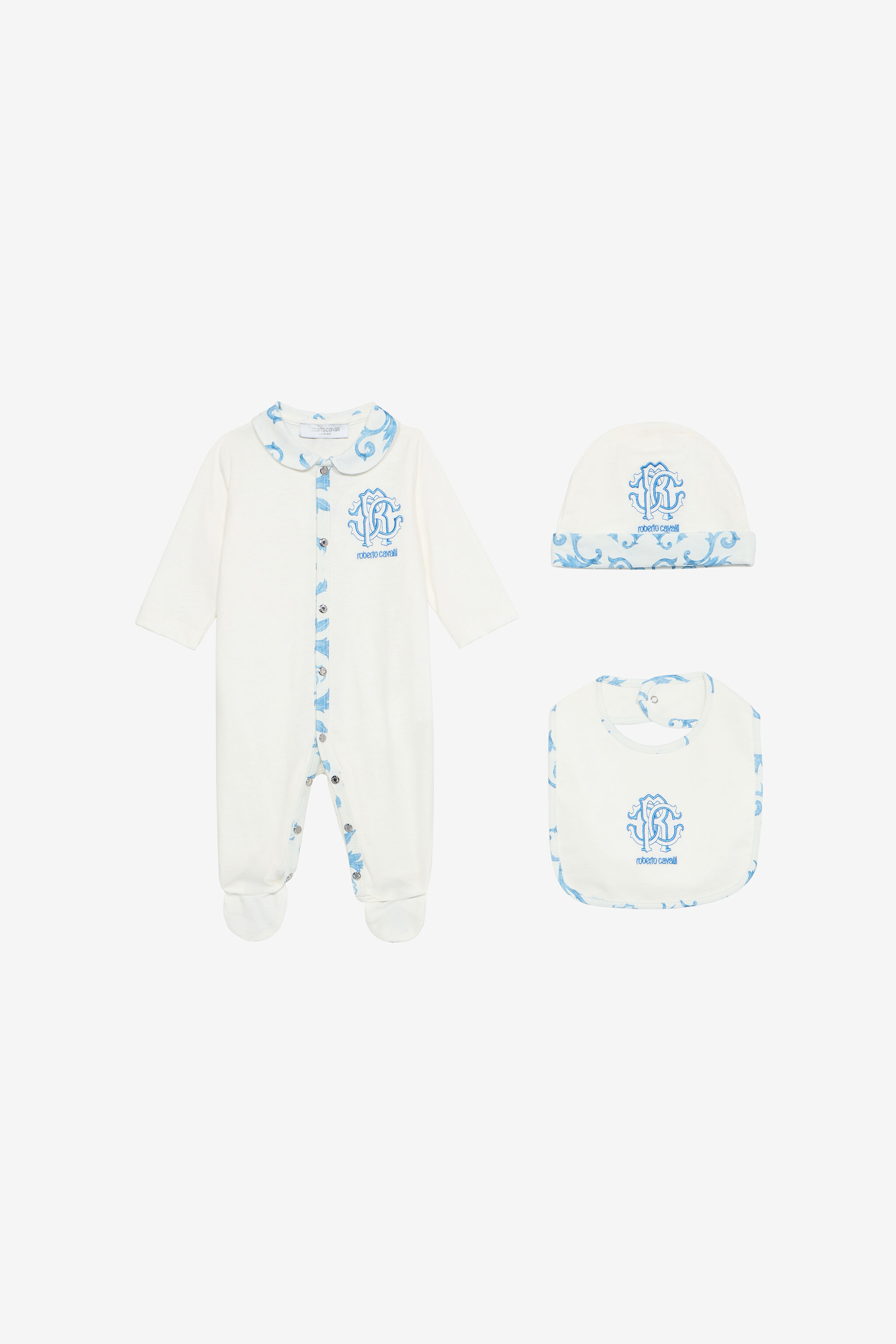 JU Hat, Bib And Romper Suit Set With RC Monogram And Print Light blue UJT827-JD001