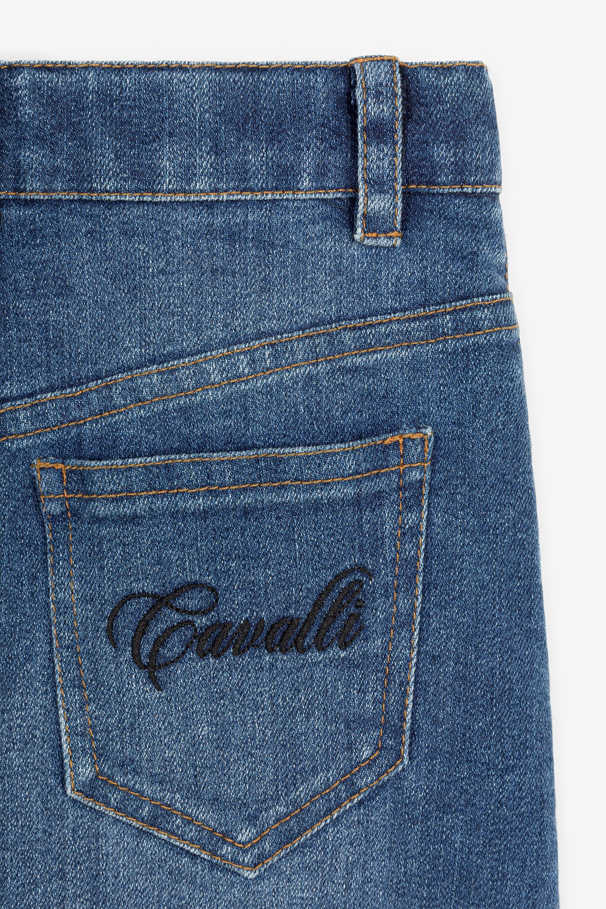 JU Flower-Embroidered Denim Skirt Dark blue QJJ300-DS015