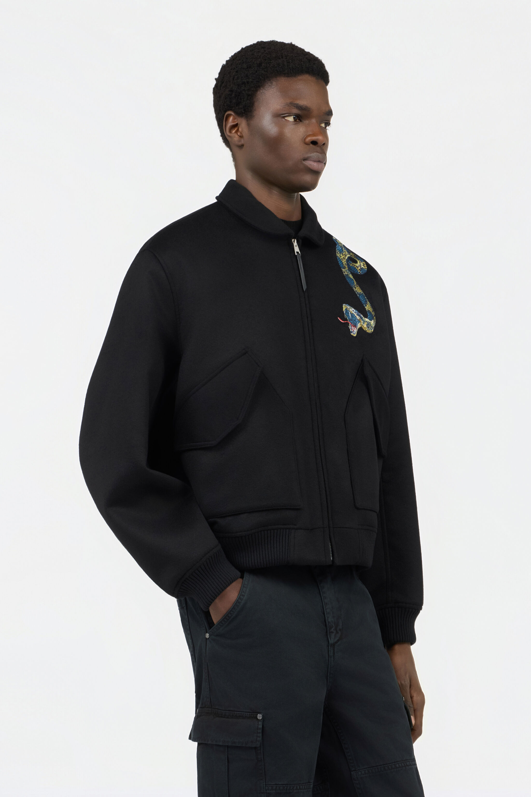 RC Chaqueta Bomber Negra Con Bordado De Serpiente RC Chaqueta Bomber Negra Con Bordado De Serpiente BLACK WRR462-FE021