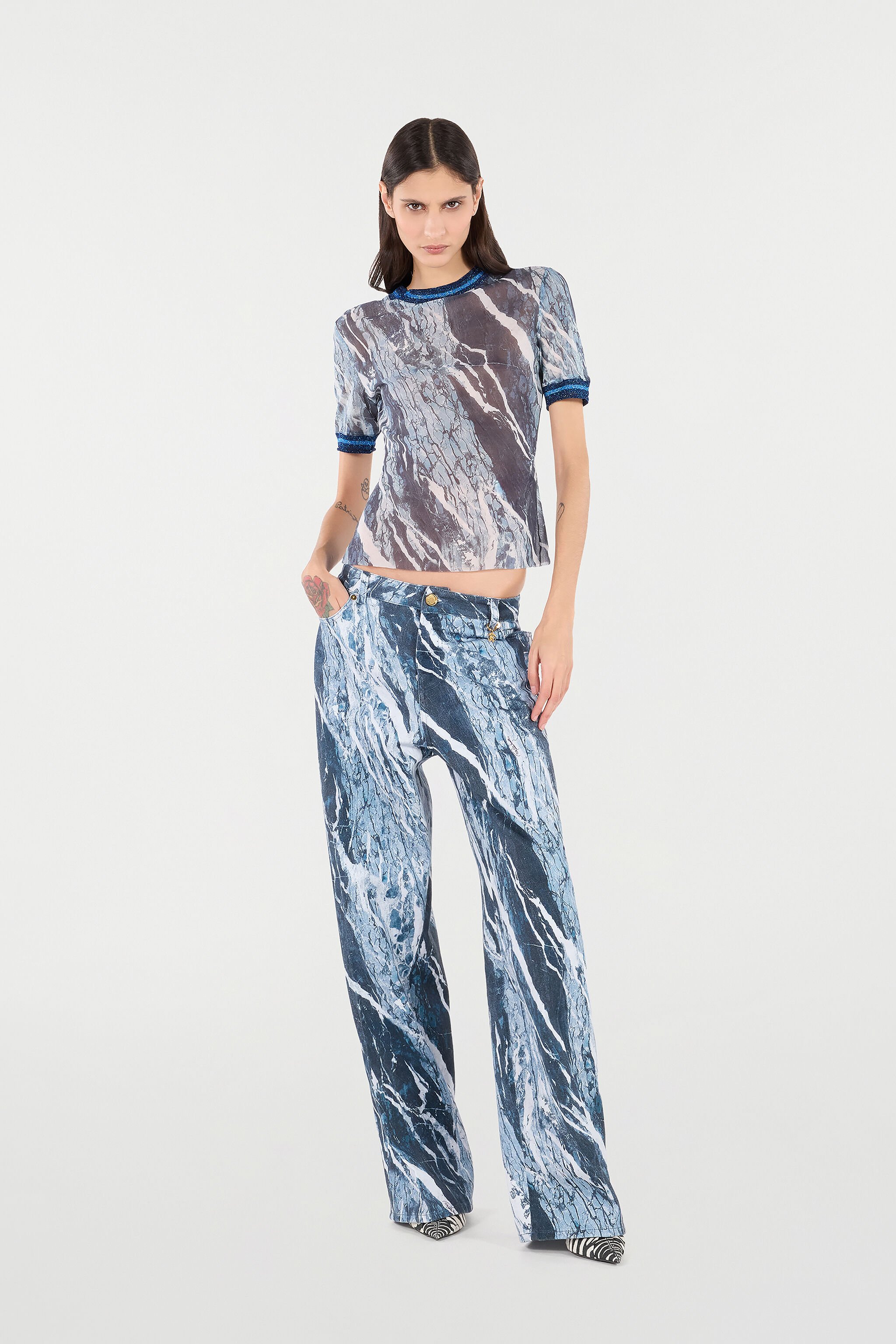 RC Marble-Print T-Shirt With Glittery Trims Dark blue UKT65E-6HN22