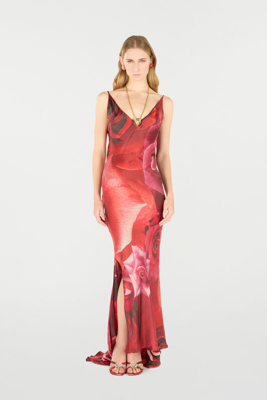 RC Long Dress With Rose Print And Bejeweled Tiger Red UKT128-RYN48