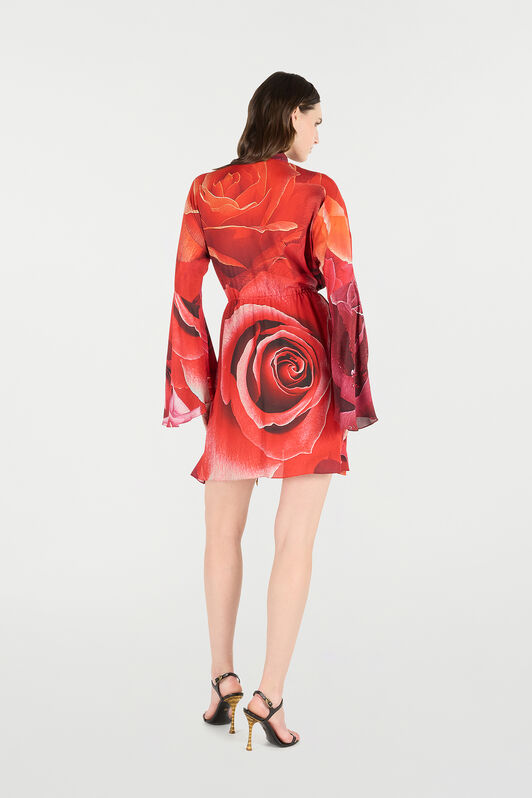 RC Rose-Print Mini Dress With Pussy-Bow ROSSO UKT140-KWN48