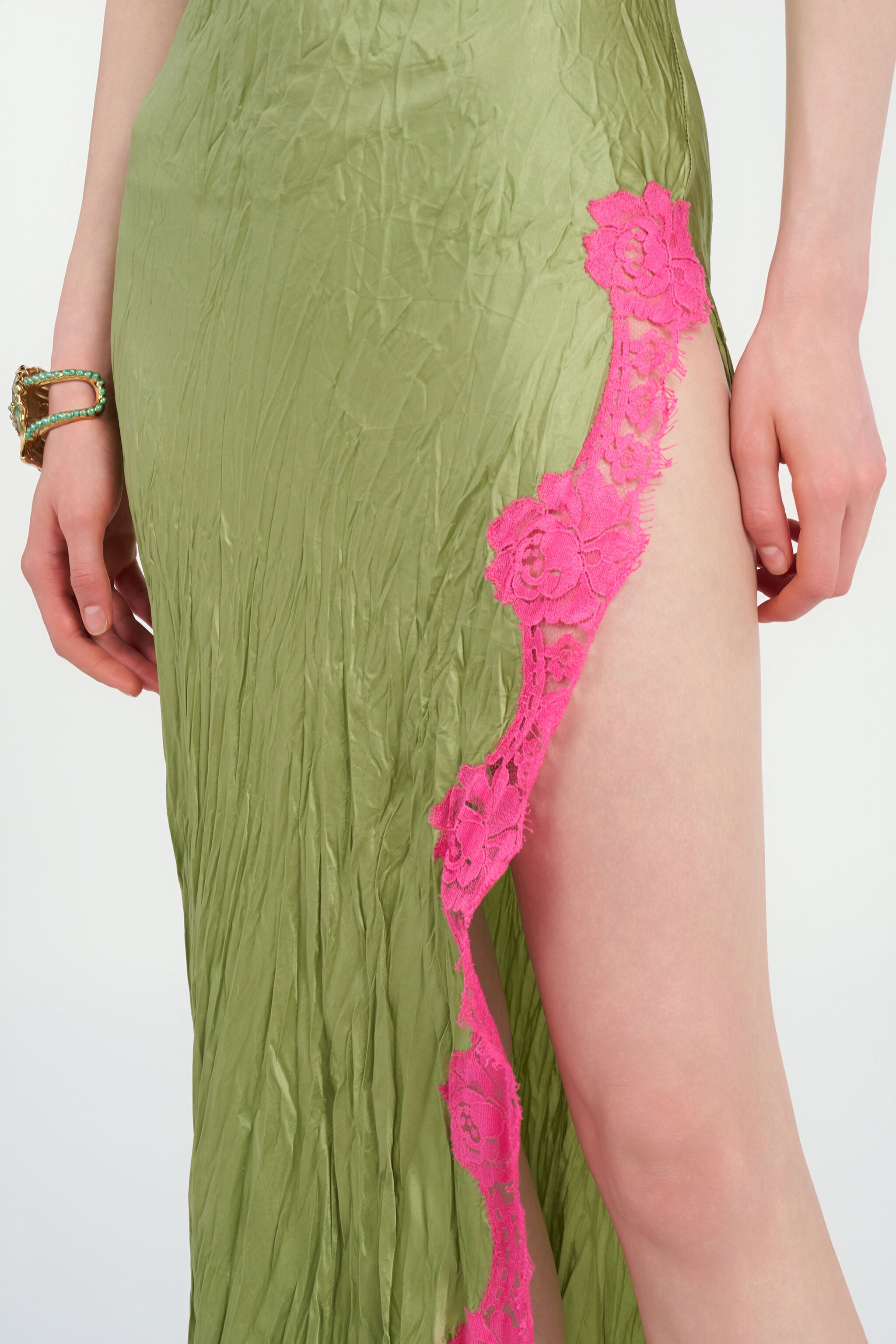 Long Silk Dress with Lace Detail in LIGHT GREEN for Women