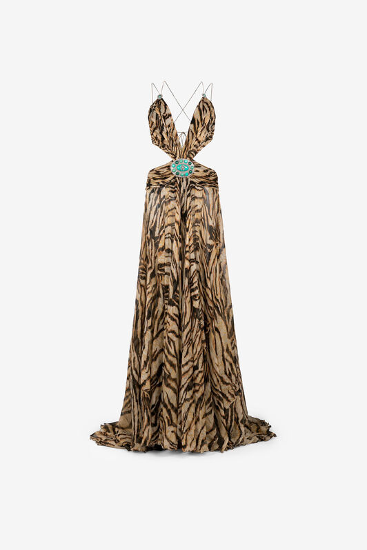 RC Robe en soie à découpes et imprimé tigré RC Robe en soie à découpes et imprimé tigré Marron clair RKT100-CZH36