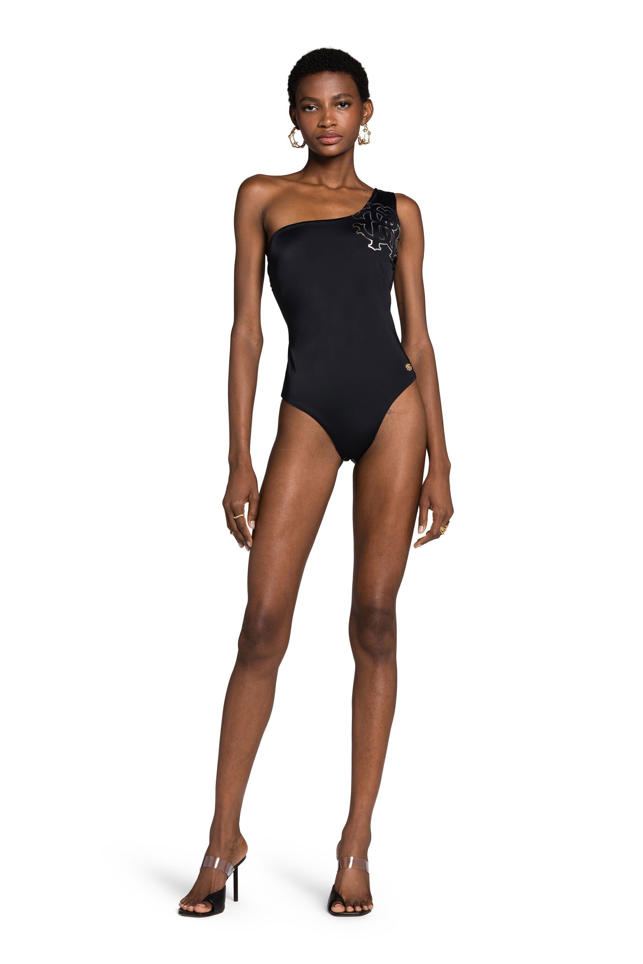 RC RC Monogram-Print One-Shoulder Swimsuit Black KSW01X-LL002