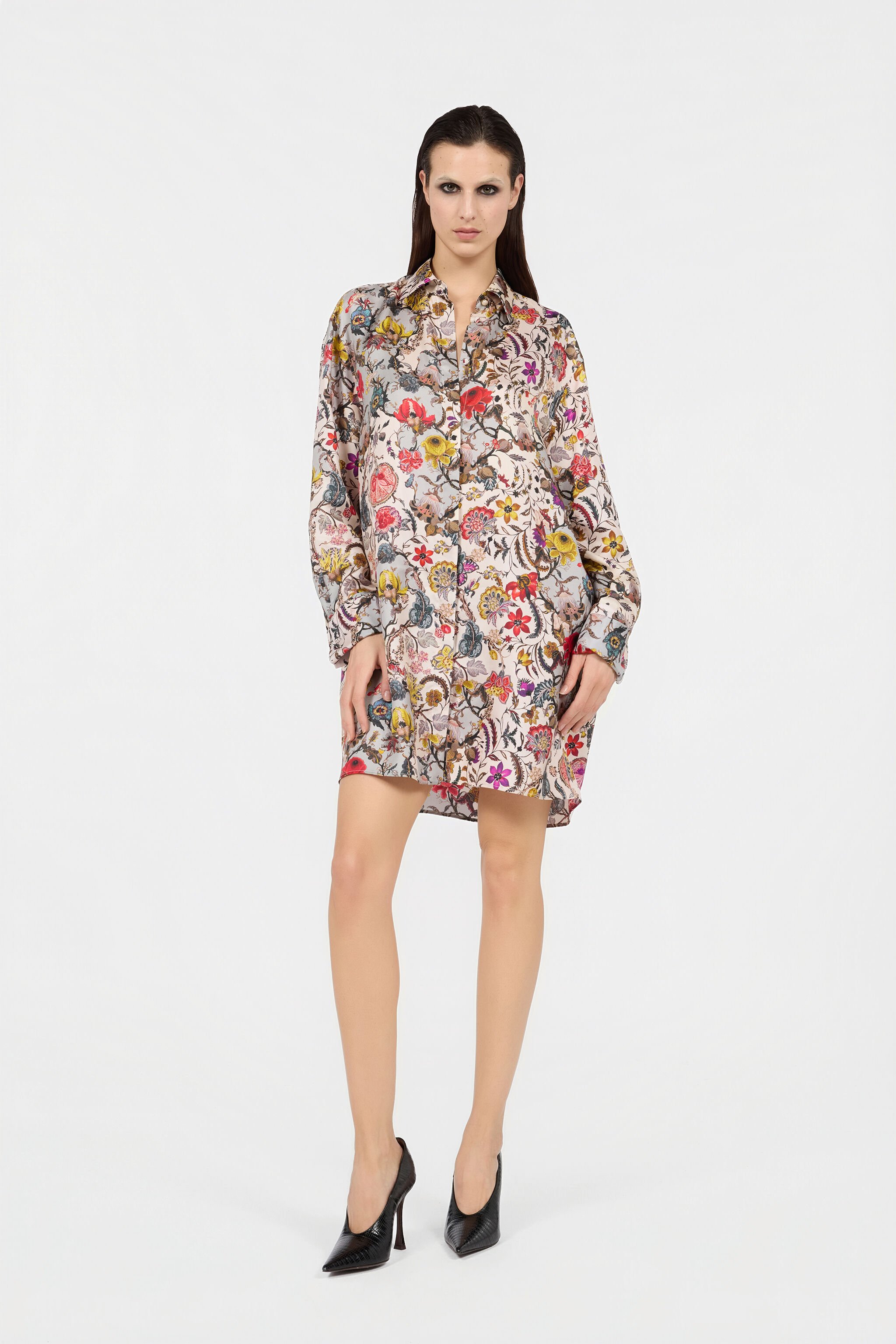 RC Seiden-Hemdblusenkleid mit Florentine Flowers Print BEIGE WQT160-OZR29