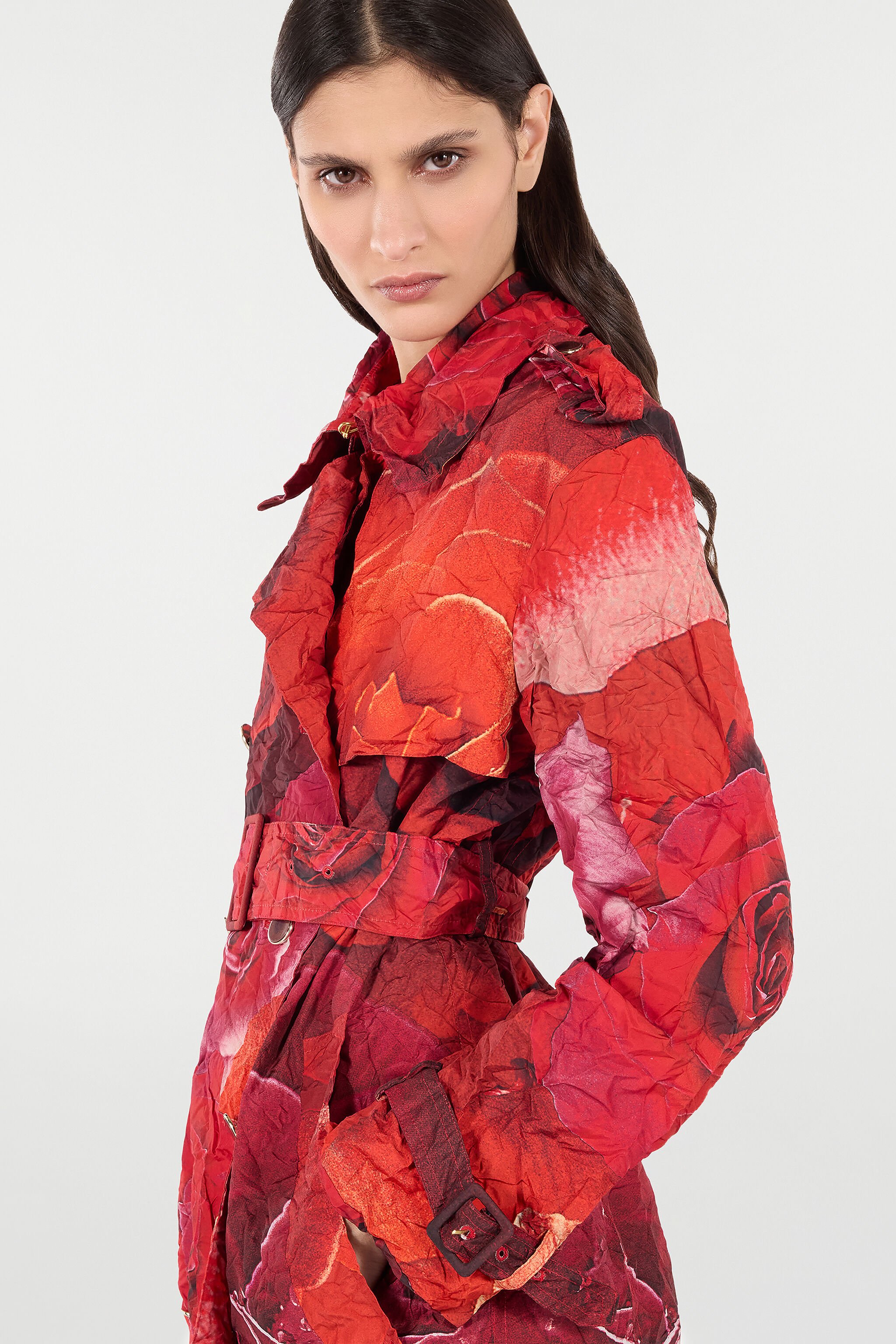 RC Long Crinkle-Effect Trench Coat With Rose Print Red UKT503-5RN48