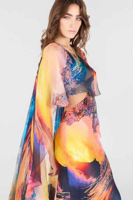 RC Langes Kleid mit Itaca-Print und Cape Blau/Orange UWT108-RYN98