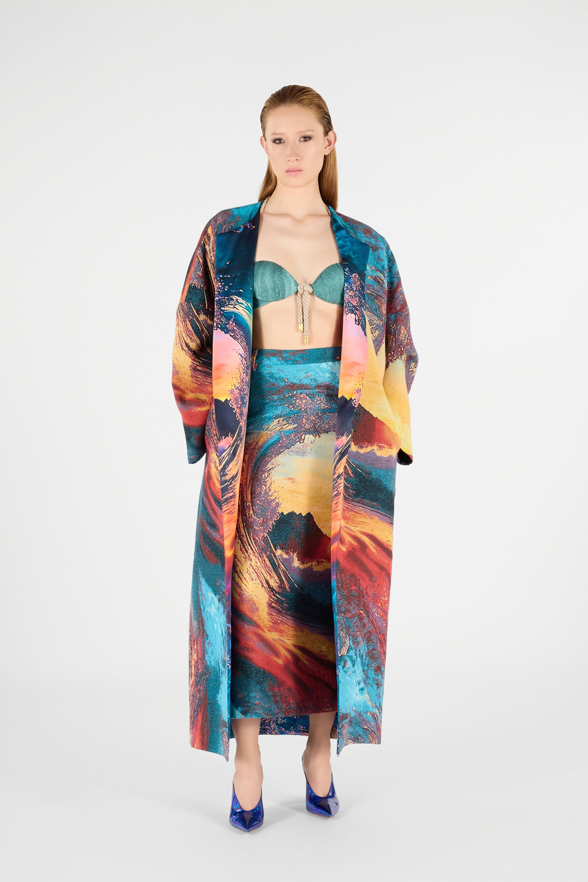 RC Itaca Print Coat with belt Blue/Orange UWT504-DJ091