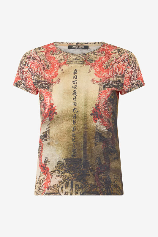 RC Cotton T-Shirt with Oriental Print RC Cotton T-Shirt with Oriental Print NATURALE/ROSSO VQT61C-3DQ00