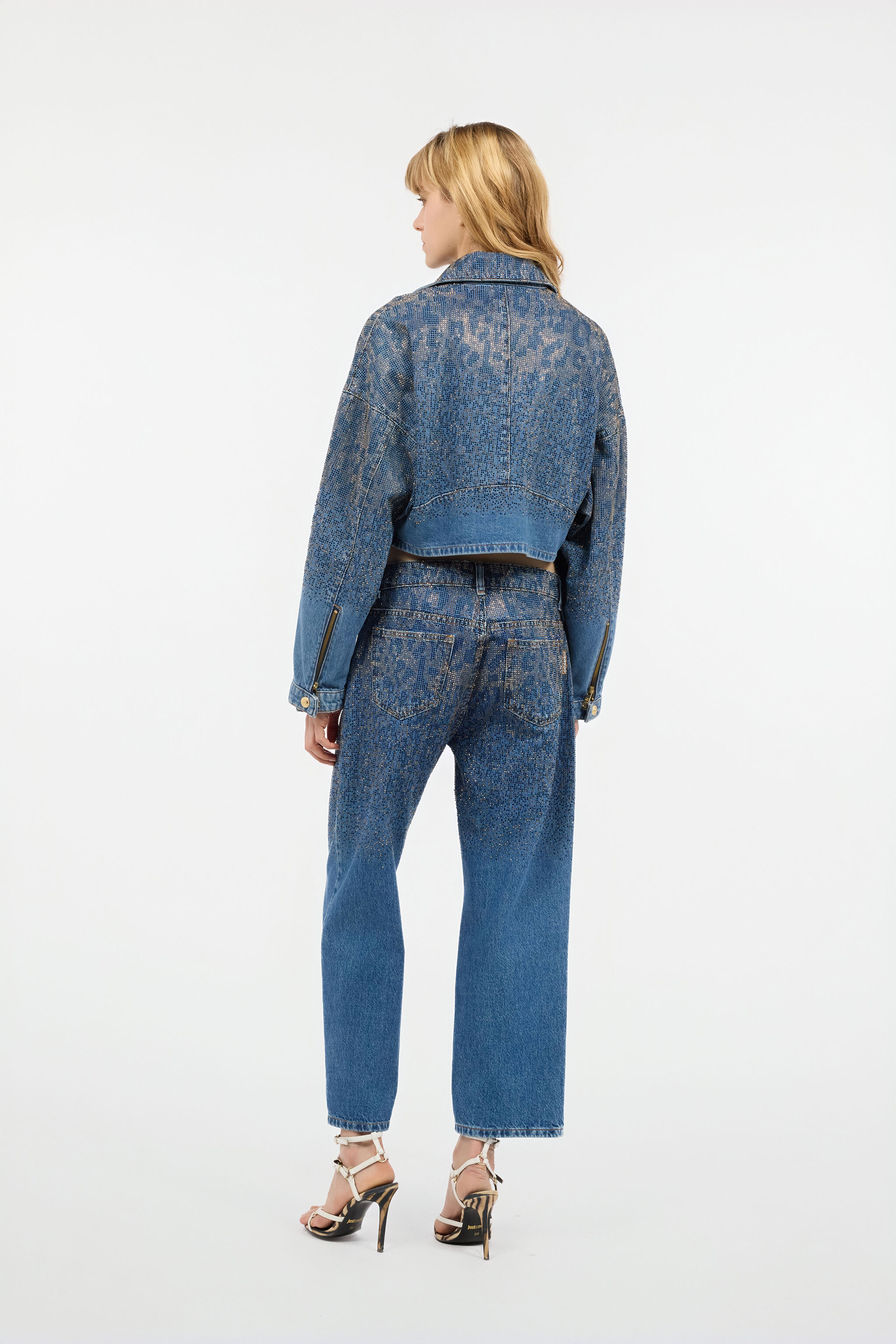 JC Cropped Denim Jacket With Rhinestones Light blue UFT195-UF261