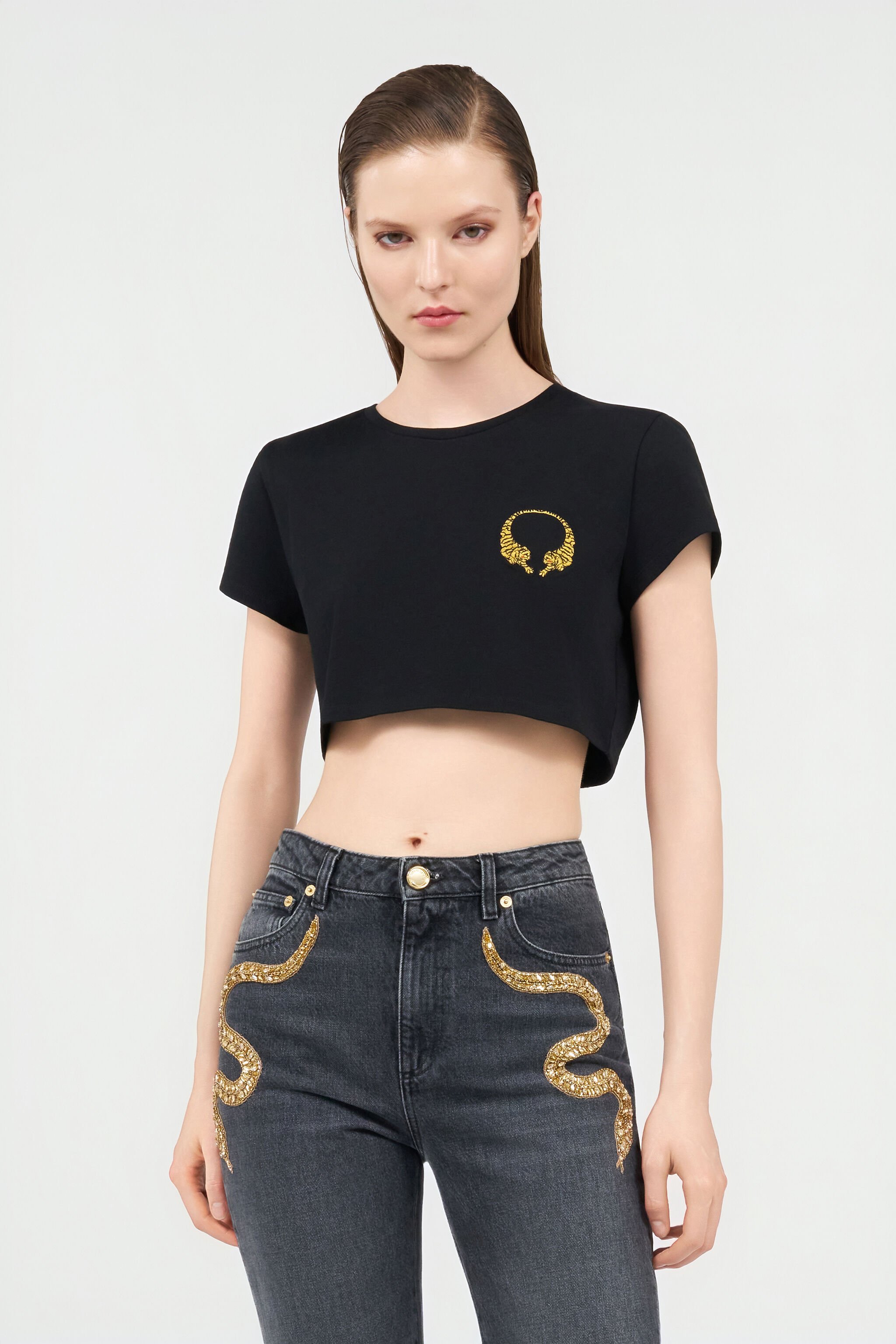 RC Crop top en coton avec tigres BLACK WQT63B-JD028