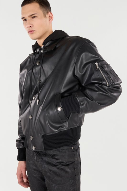 RC Leather Bomber Jacket with Hood Black VNP464-PN104