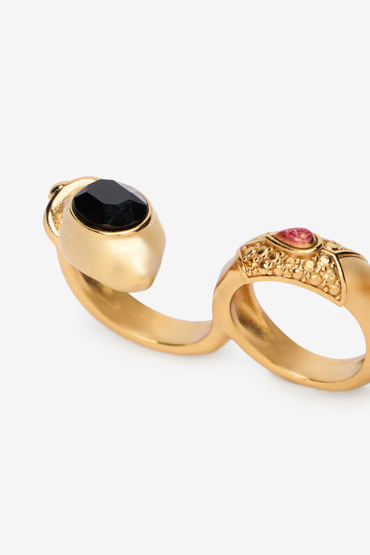 RC Gold Three-Finger Ring with Black and Ruby Stones ORO/NERO/RUBINO VWG002-AM081