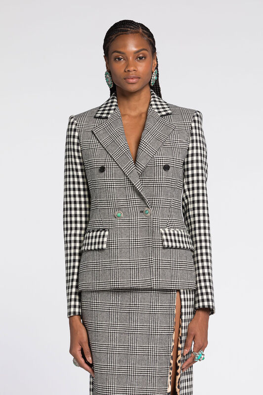 RC Houndstooth and Gingham Double-Breasted Blazer Black/White RKT404-GA007